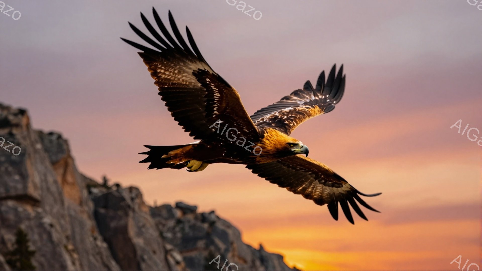 険しい山々の背景に、翼を広げた猛禽類が空を舞っている。夕焼けのオレンジ色の光が鳥の羽を照らし、力強さと自由な雰囲気を醸し出している。背景の岩山と鳥のシルエットが、大自然の壮大さを強調している。 - AI生成フリー素材