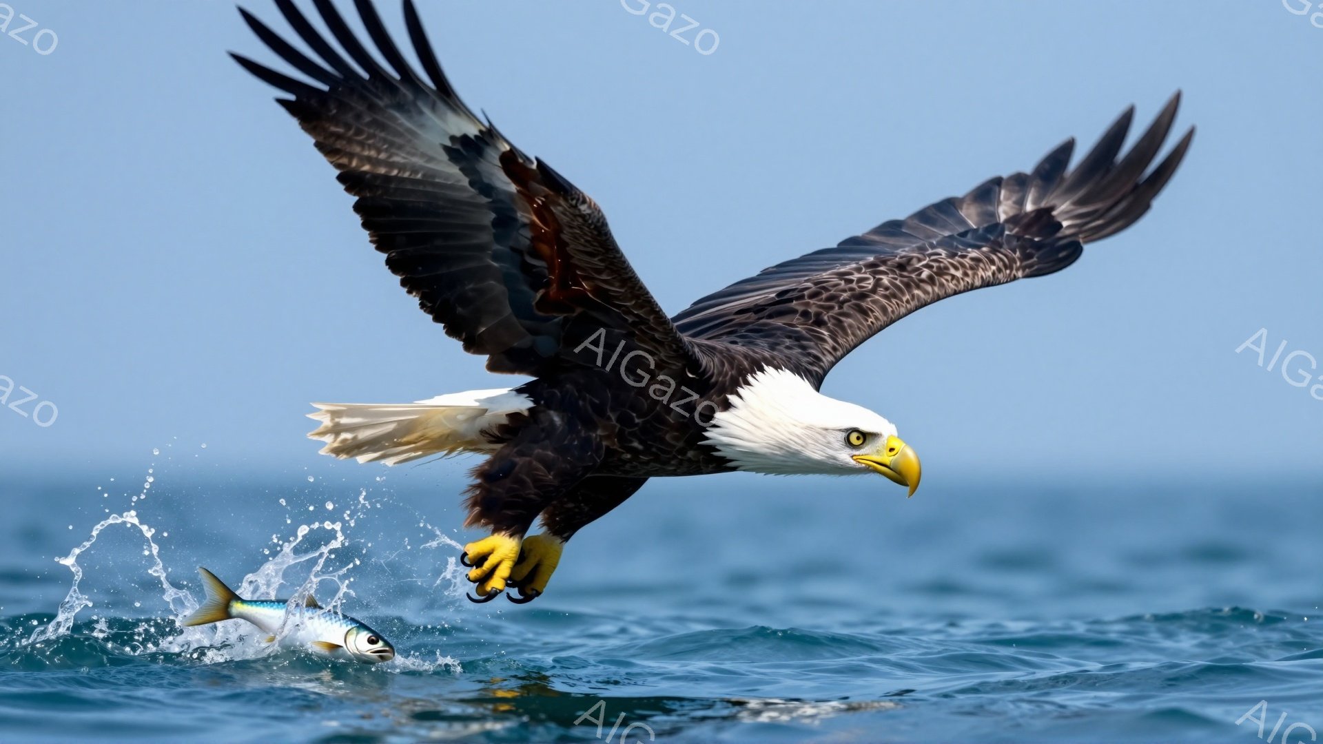 ハクトウワシが獲物を捕らえ、海面近くを飛んでいる。鋭い爪で魚をしっかりと掴み、力強い翼を広げて飛び立つ姿は、力強く、野生の雰囲気を漂わせている。波しぶきと太陽光が輝き、ダイナミックな瞬間を捉えている。 - AI生成フリー素材