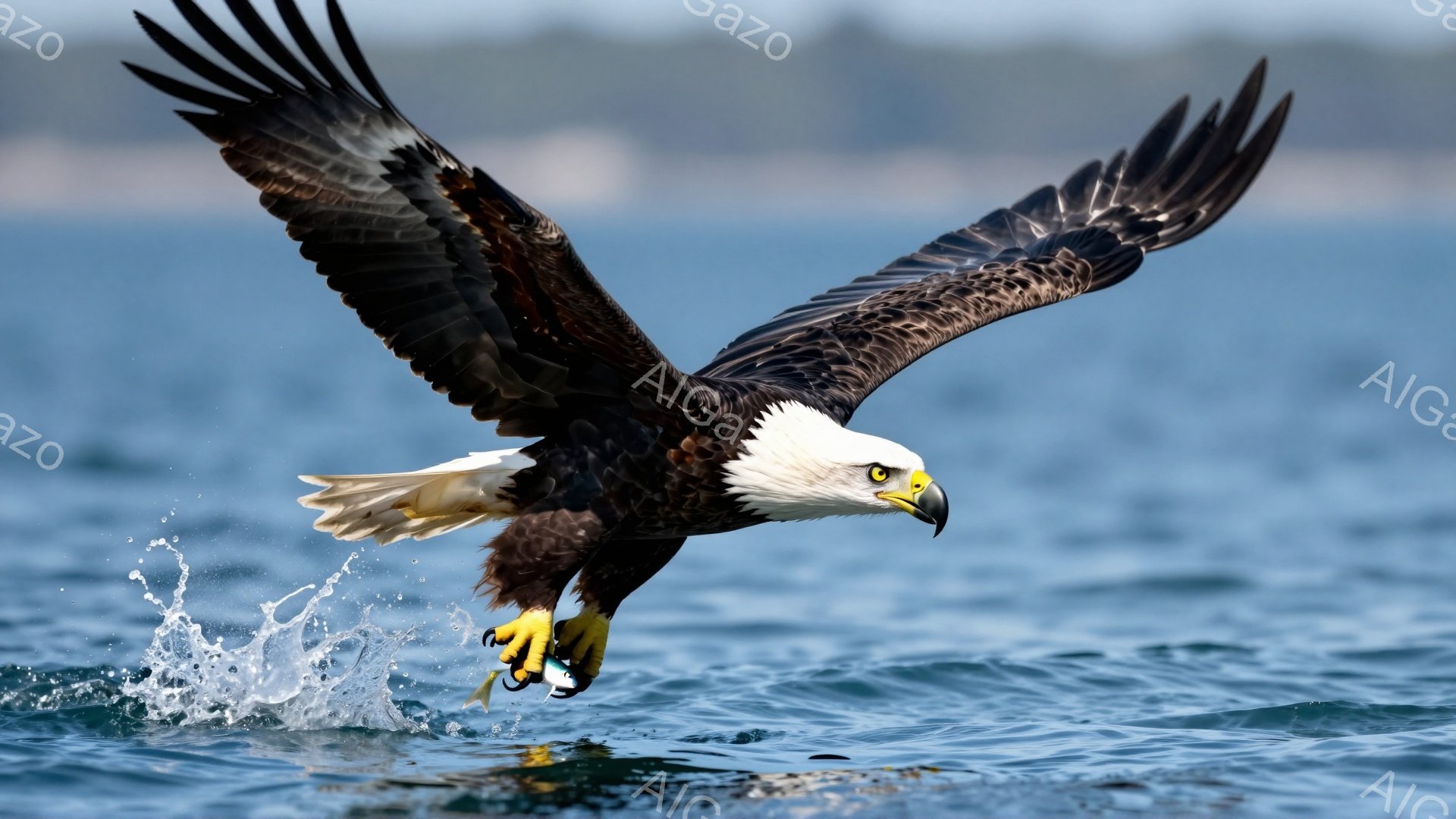ハクトウワシが獲物を掴んで海面を飛び立っています。翼を大きく広げ、鋭い爪で魚をしっかりと捉え、力強く空へと舞い上がろうとしています。背景の青い海と、水しぶきがそのダイナミックな瞬間を強調しています。