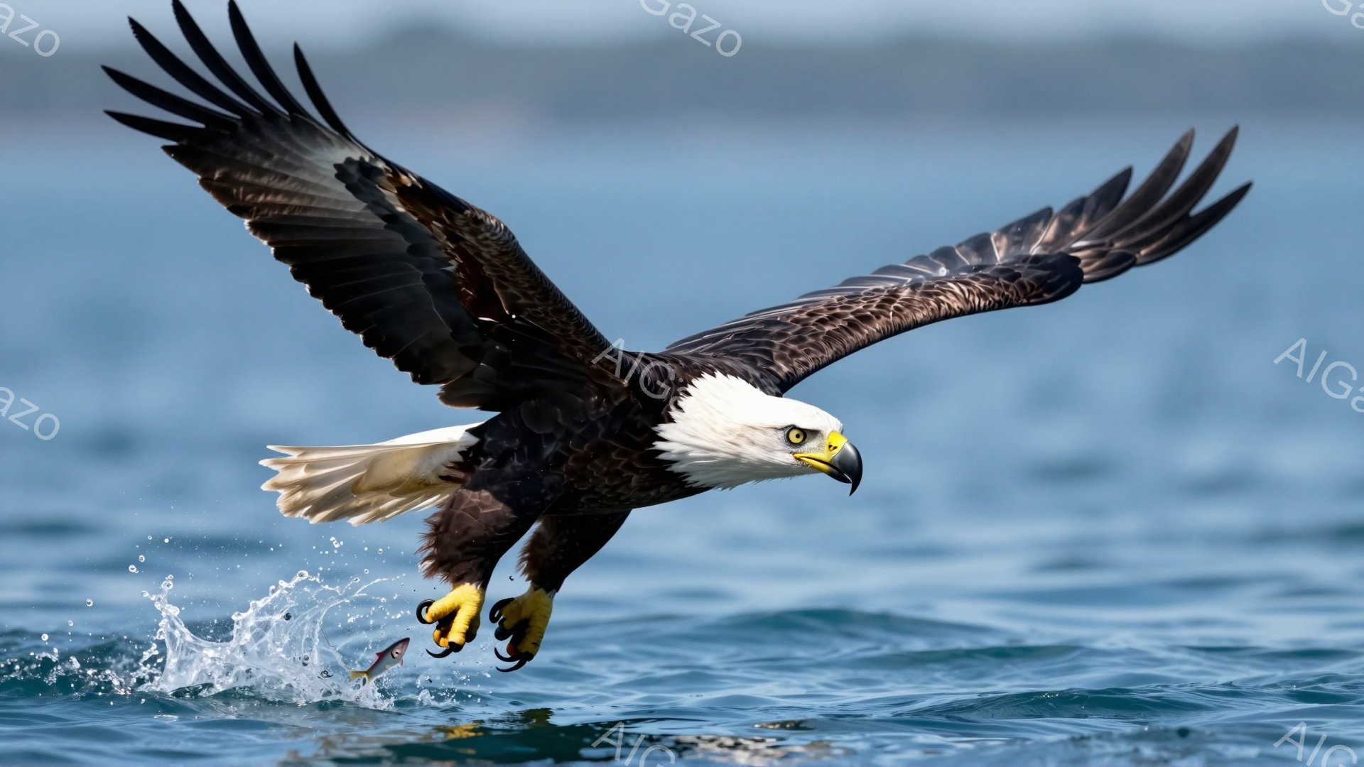 海面近くを飛ぶ白頭鷲が、獲物である魚を鋭い爪で捕らえようとしている。翼を大きく広げ、力強く空を舞う姿は、自然の力強さを感じさせる。背景の海は穏やかで、太陽光が反射し、水面がキラキラと輝いている。