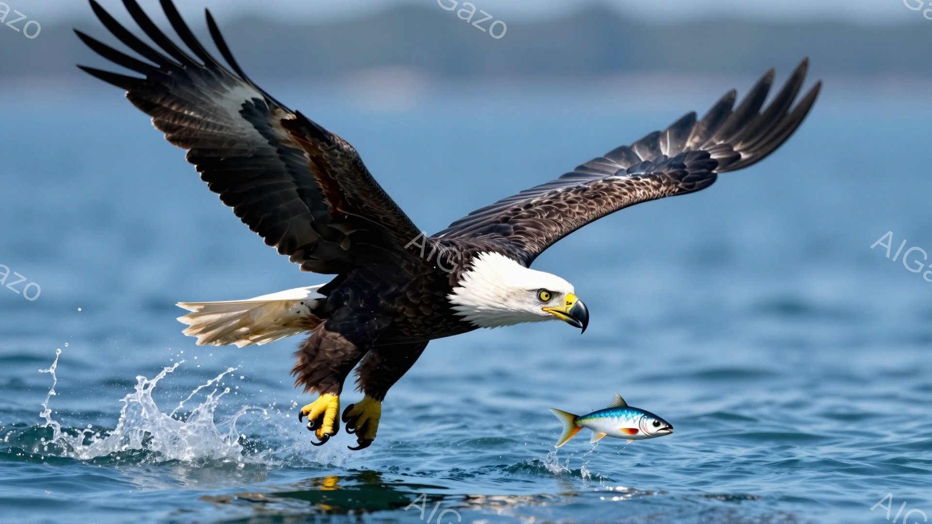 海面を低く飛行するアメリカハゲワシが、獲物の魚を鋭い爪で掴んでいます。水しぶきが上がり、力強く羽ばたく翼と、獲物を狙う眼光が印象的です。広大な海が背景に広がり、自然の力強さを感じさせます。