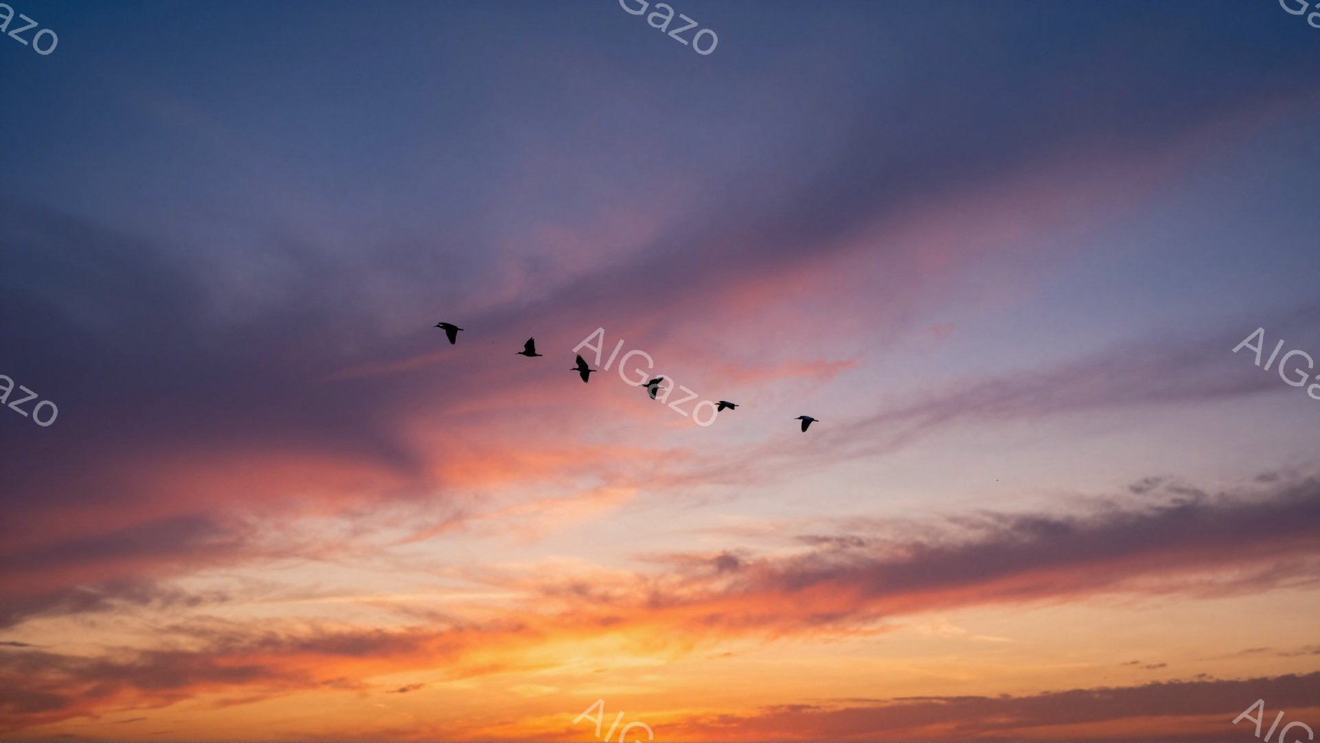 夕焼け空を黒い鳥たちがV字型に飛んでいる。空はオレンジ色から紫へとグラデーションを描き、雲が幻想的な模様を作り出している。穏やかで美しい瞬間を捉えた風景写真である。