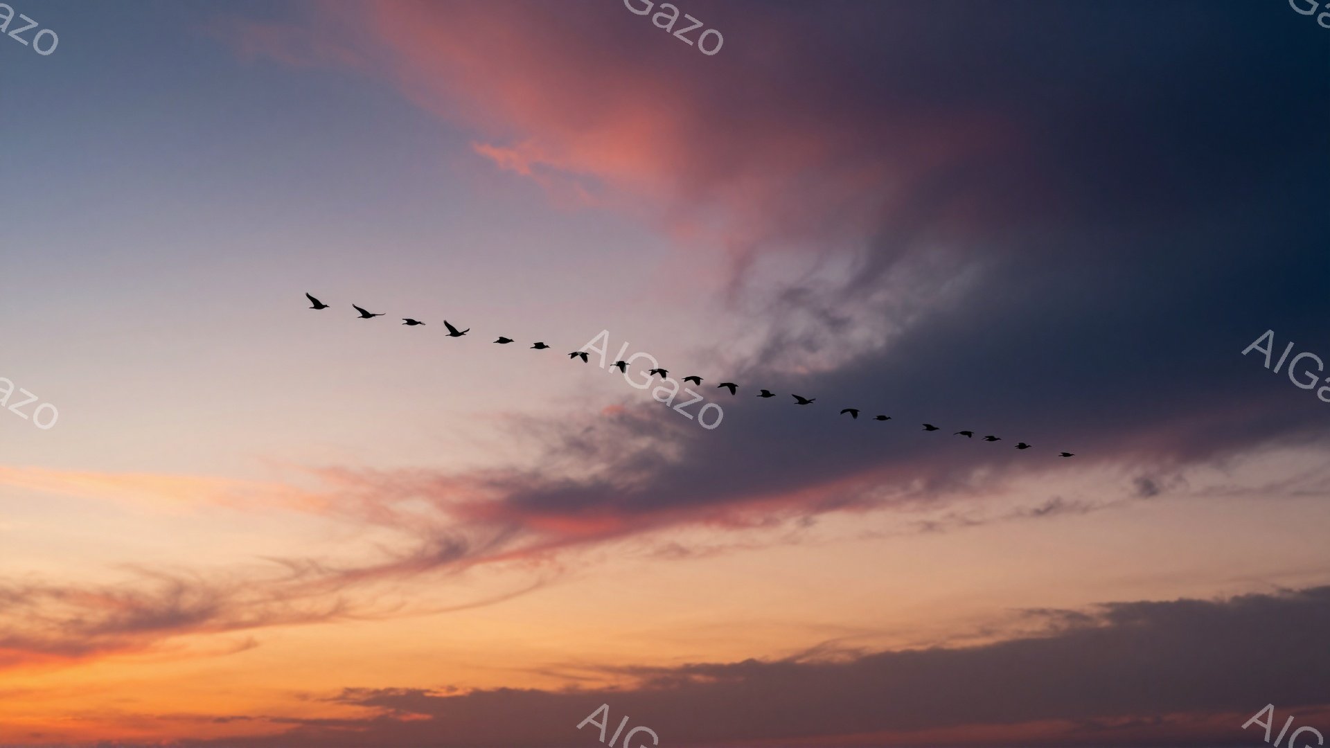 鮮やかな夕焼け空をV字編隊で飛ぶ鳥たちの群れが印象的な風景です。空はオレンジ、ピンク、紫が混ざり合い、まるで絵画のような美しいグラデーションを描いています。静かで穏やかな雰囲気の中で、自然の壮大さを感じさせます。