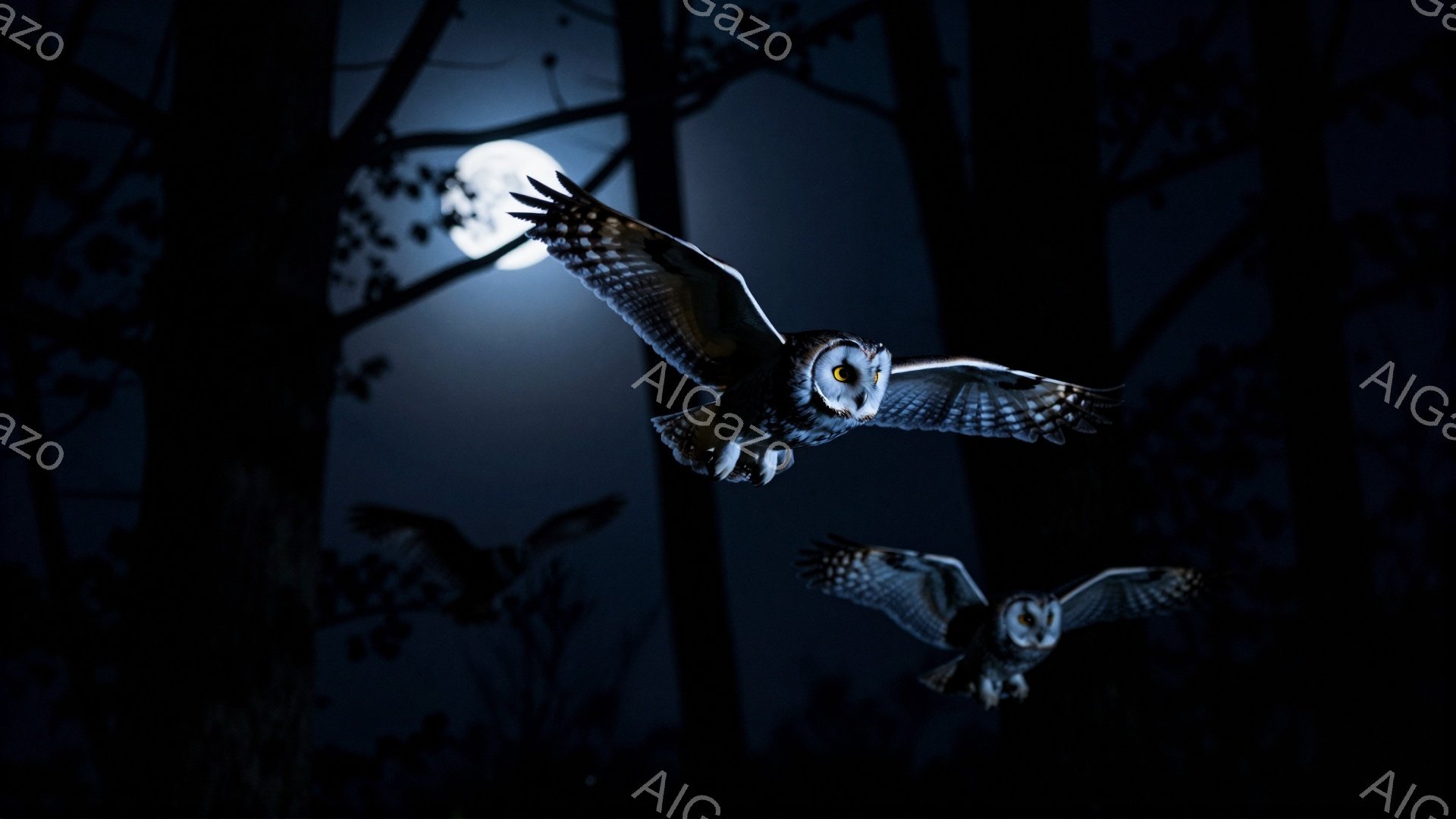 暗い森の中で、２羽のフクロウが月明かりの下を飛んでいる。木のシルエットと明るい満月が、神秘的な雰囲気を醸し出している。フクロウの羽は広げられ、静かに夜空を舞っている姿は印象的だ。