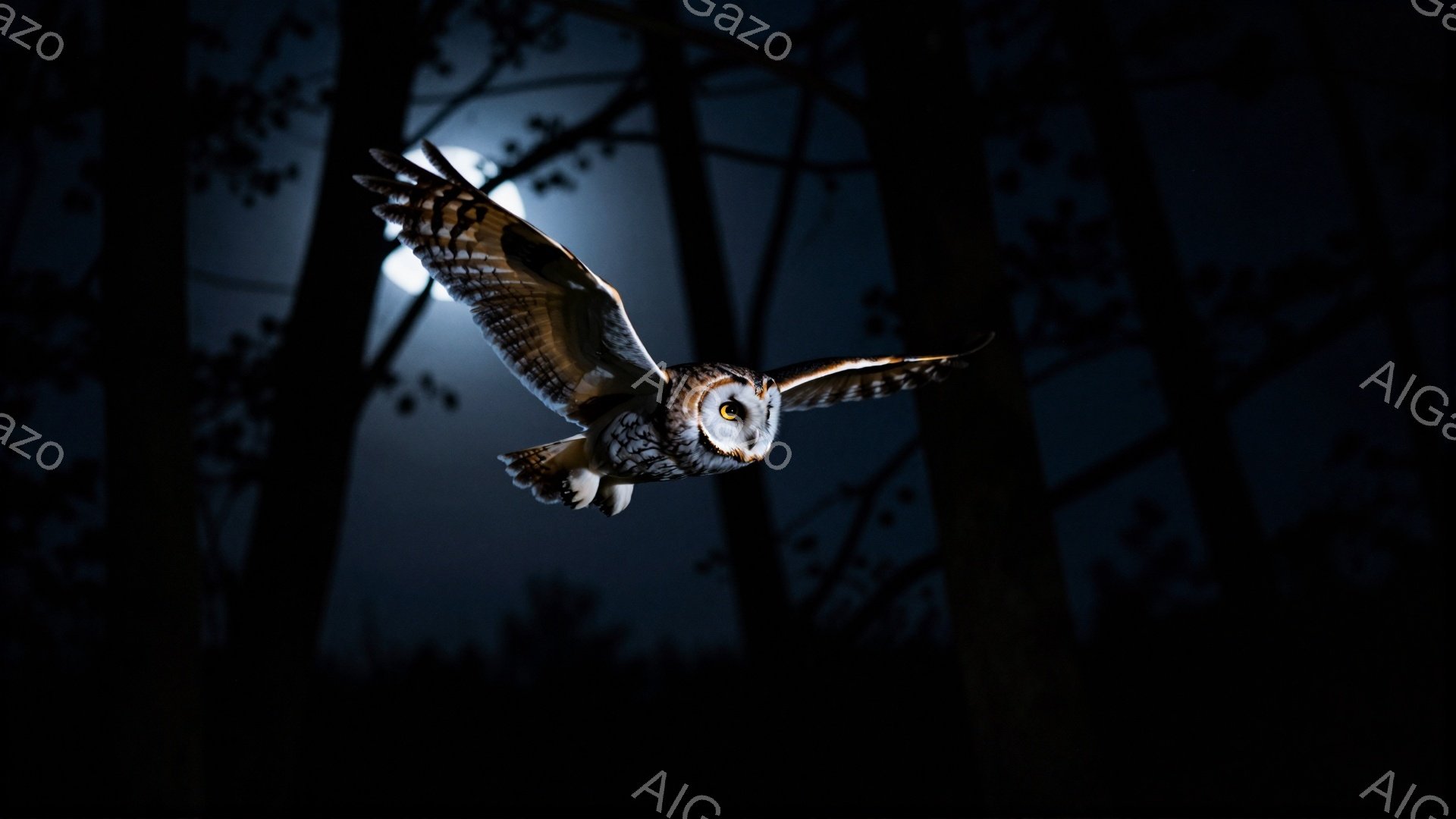 深い夜空を背景に、一羽のフクロウが翼を広げて飛んでいる。月明かりがフクロウの羽を照らし、そのシルエットを際立たせている。森の木の枝がフクロウの周りを囲み、神秘的な雰囲気を醸し出している。