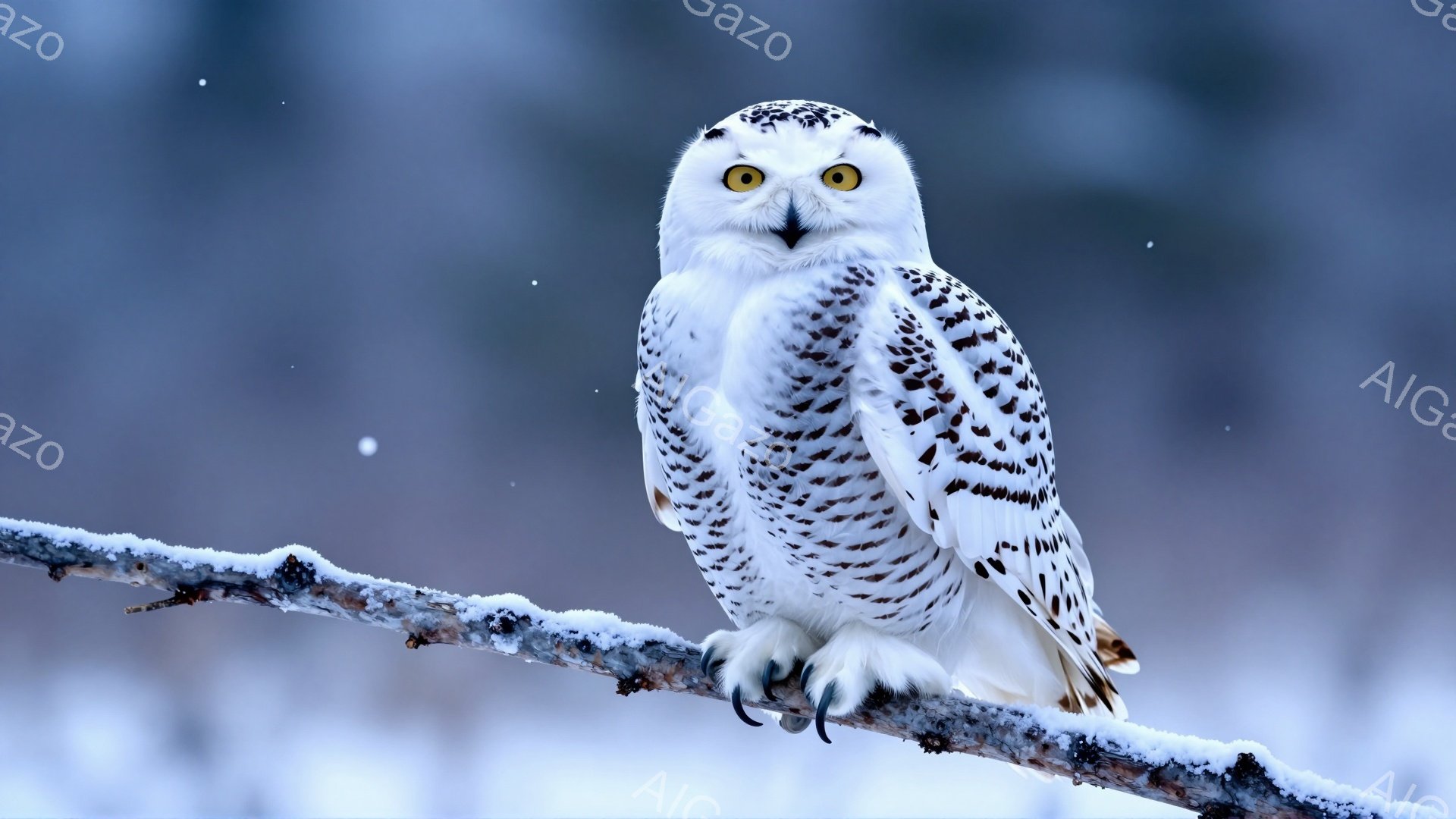 雪が降る枝に、美しい白いフクロウが止まっています。鋭い眼光で何かを見つめており、その姿は威厳に満ちています。背景は冬の淡い空と木々で、静寂な冬の風景が広がっています。