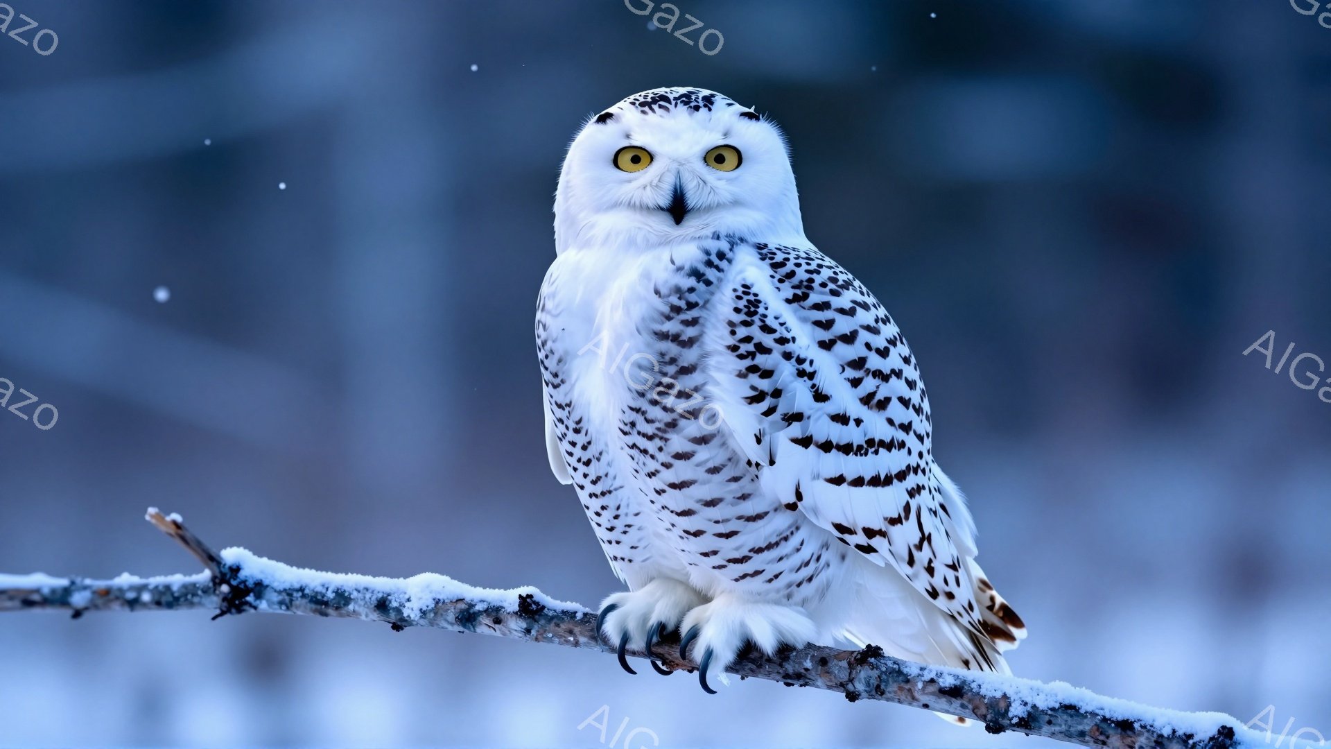 白い雪フクロウが雪に覆われた木の枝に止まっています。その鋭い黄色い目は前を見据え、冬の静寂の中に凛とした存在感を放っています。背景は淡いブルーで、雪が舞い散る幻想的な雰囲気が漂っています。