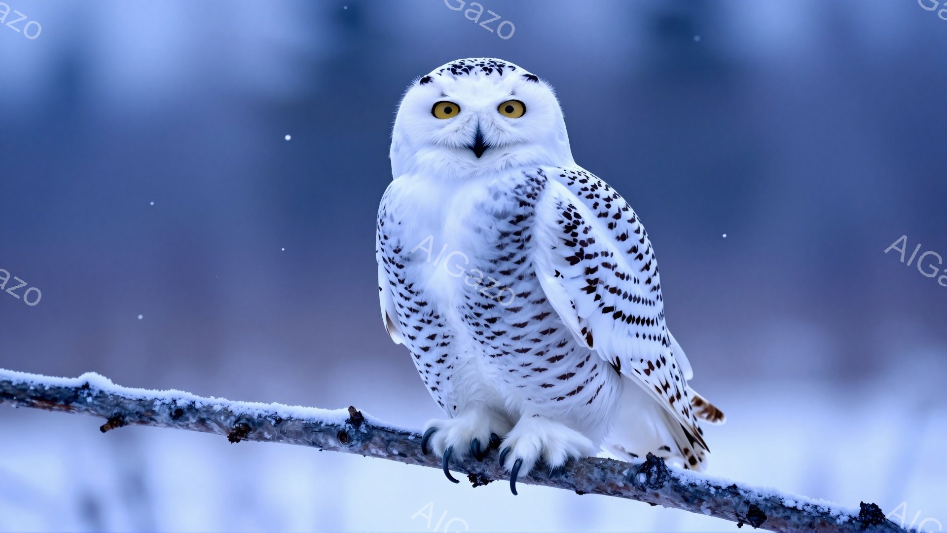 白い雪が降り積もる枝に、美しい白いフクロウが止まっています。鋭い黄色い目と白い羽が印象的で、雪景色の中に溶け込みながらも存在感を放っています。冬の静寂とフクロウの凛々しさが伝わってくる一枚です。