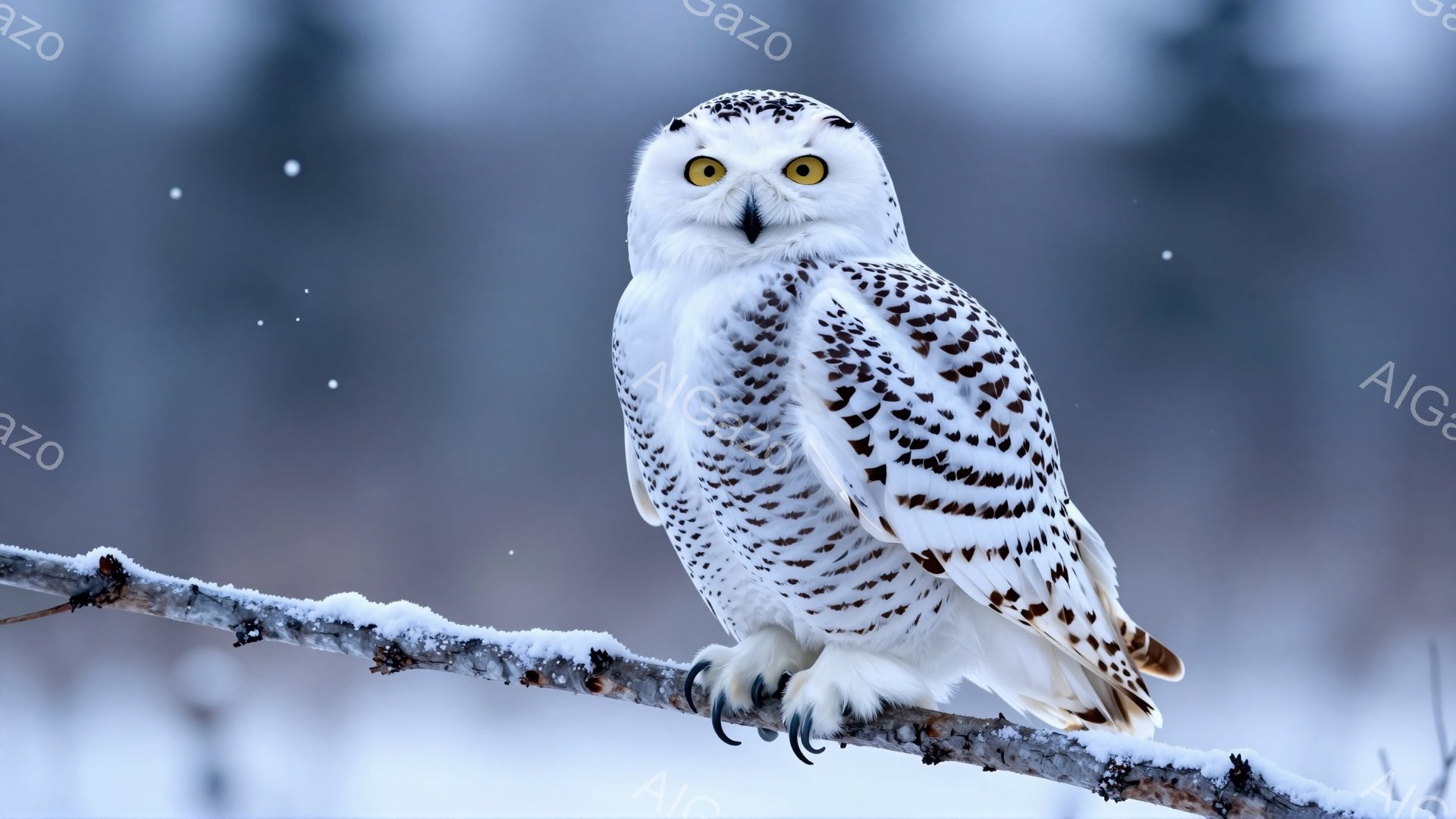 雪がちらつく寒い日、白い枝にとまっているフクロウが目を光らせています。ふわふわとした白い羽は雪景色に溶け込み、冬の静寂を強調しています。その凛とした姿は、冬の森の主役のようです。