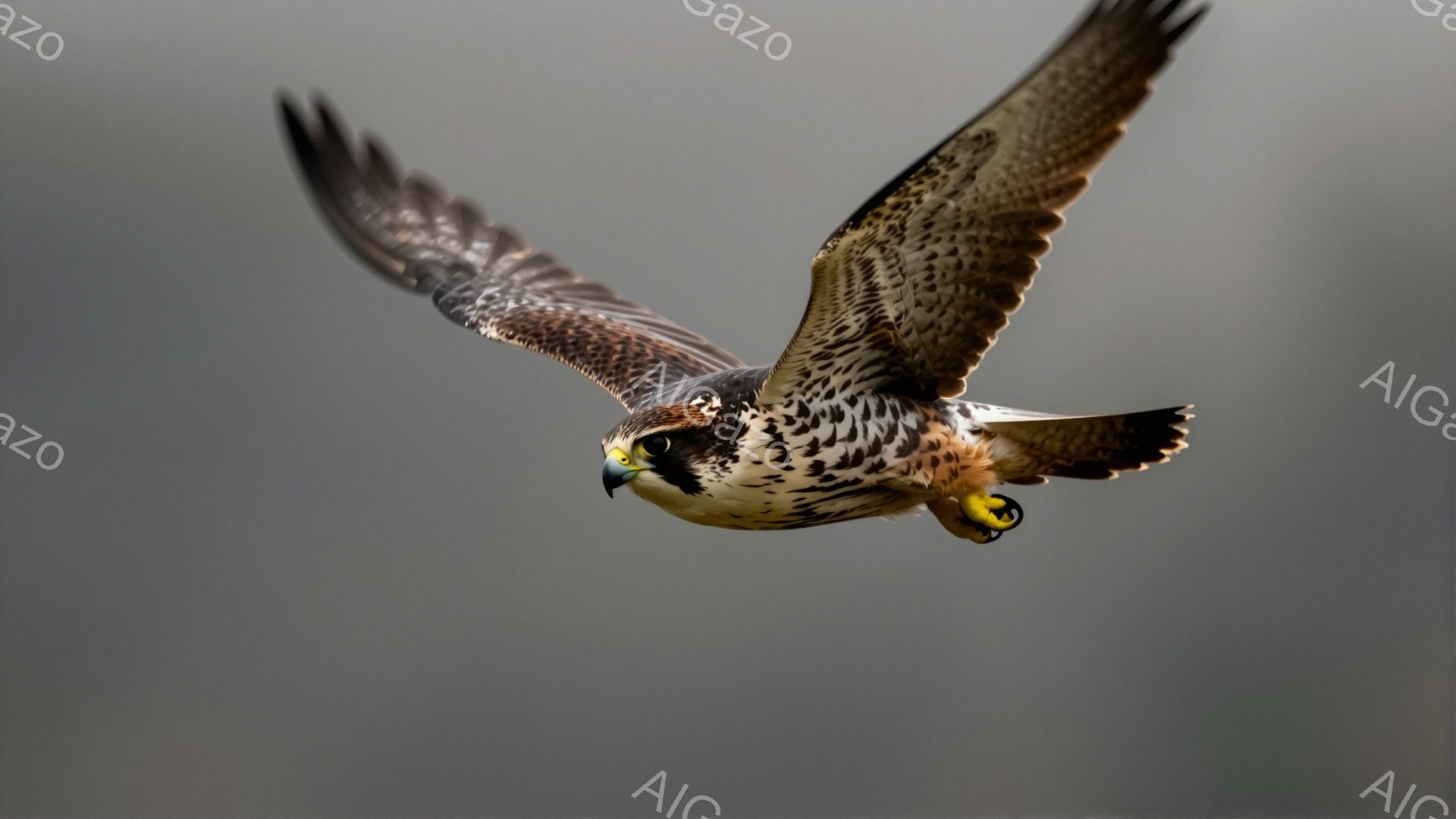 ハヤブサが翼を広げて飛行している。背景は灰色で、鳥の鮮やかな色が際立つ。鳥は獲物を捕まえようとしているかのような、力強い姿勢で、動きのある瞬間が捉えられている。