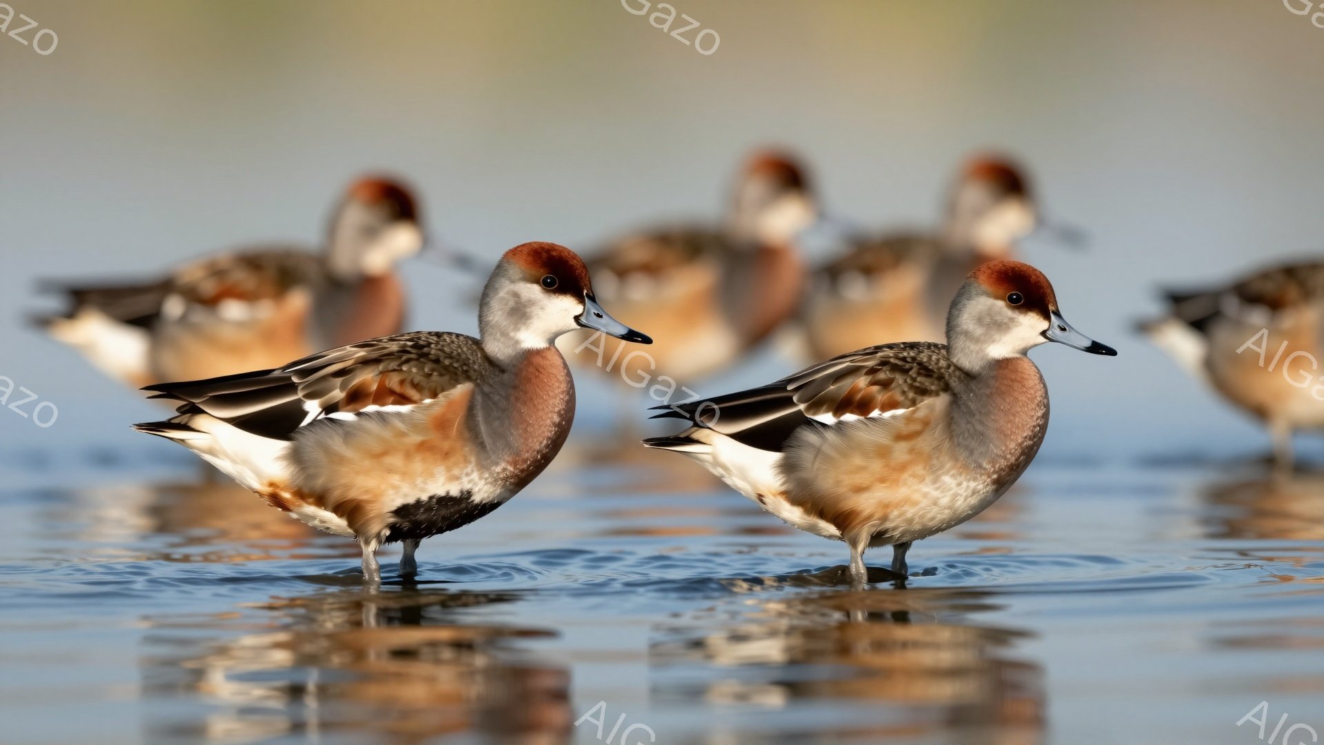 多くのマガモが水面に浮かんでいます。中央の2羽は特に鮮明で、オレンジ色の頭と胸が印象的です。穏やかな水面が、水鳥たちの静かな時間を際立たせています。