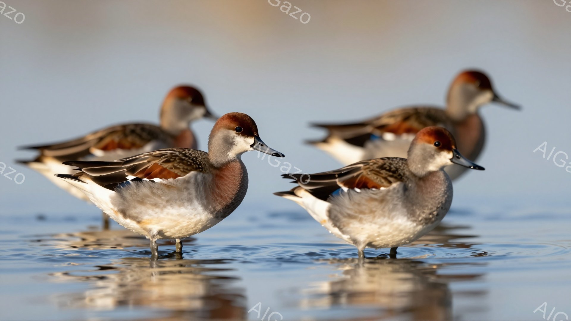 穏やかな水面にカモが浮かんでいます。茶色と白の美しい羽毛を持ち、静かに水面を漂っています。水面に映る姿が幻想的な雰囲気を醸し出しています。 - AI生成フリー素材