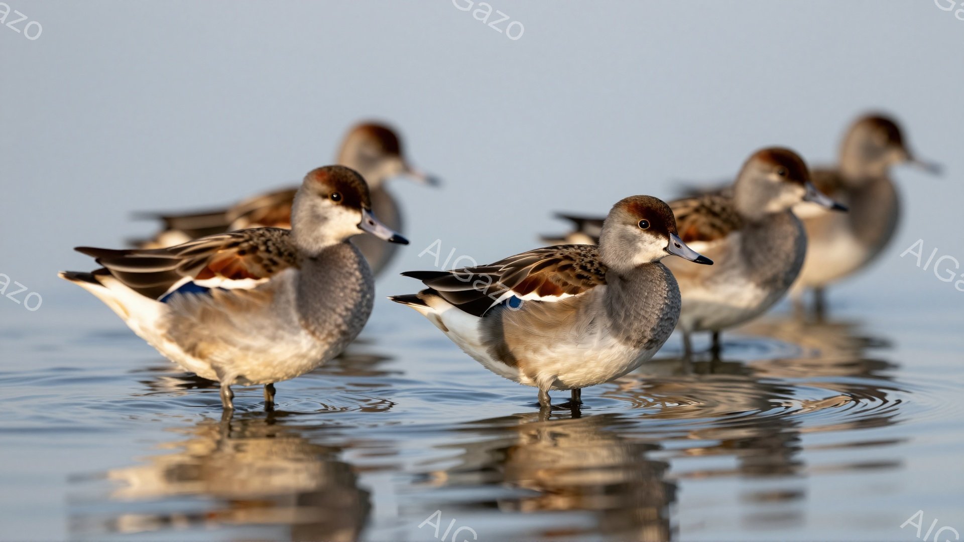 穏やかな水面を歩く、アヒルの群れの姿が捉えられています。羽は茶色と白の美しい模様で、水面に映る姿もまた幻想的です。背景はぼやけており、アヒルに焦点が当てられています。