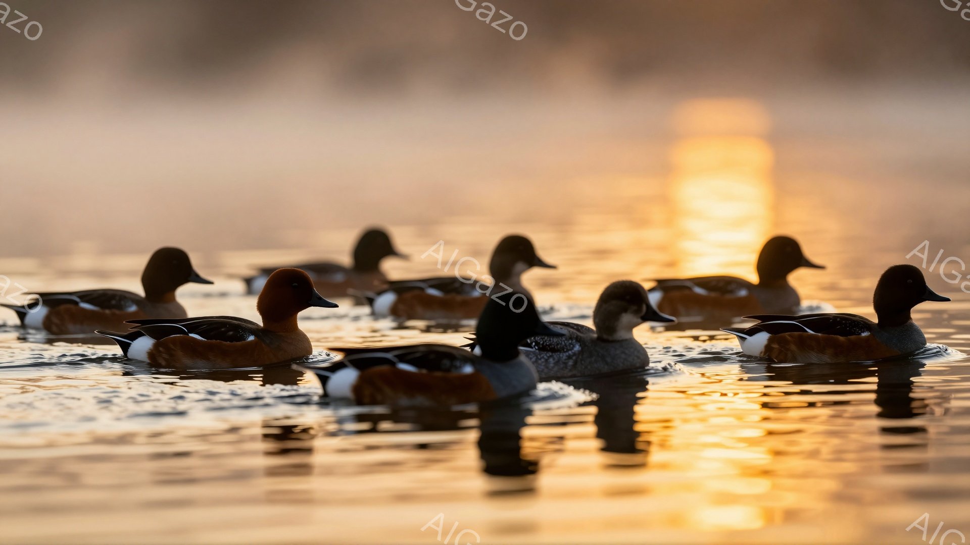 澄んだ水面をカモの群れがゆったりと泳いでいる。夕焼けの光が水面に反射し、金色に輝く美しい光景だ。穏やかな雰囲気で、自然の美しさを感じさせる。