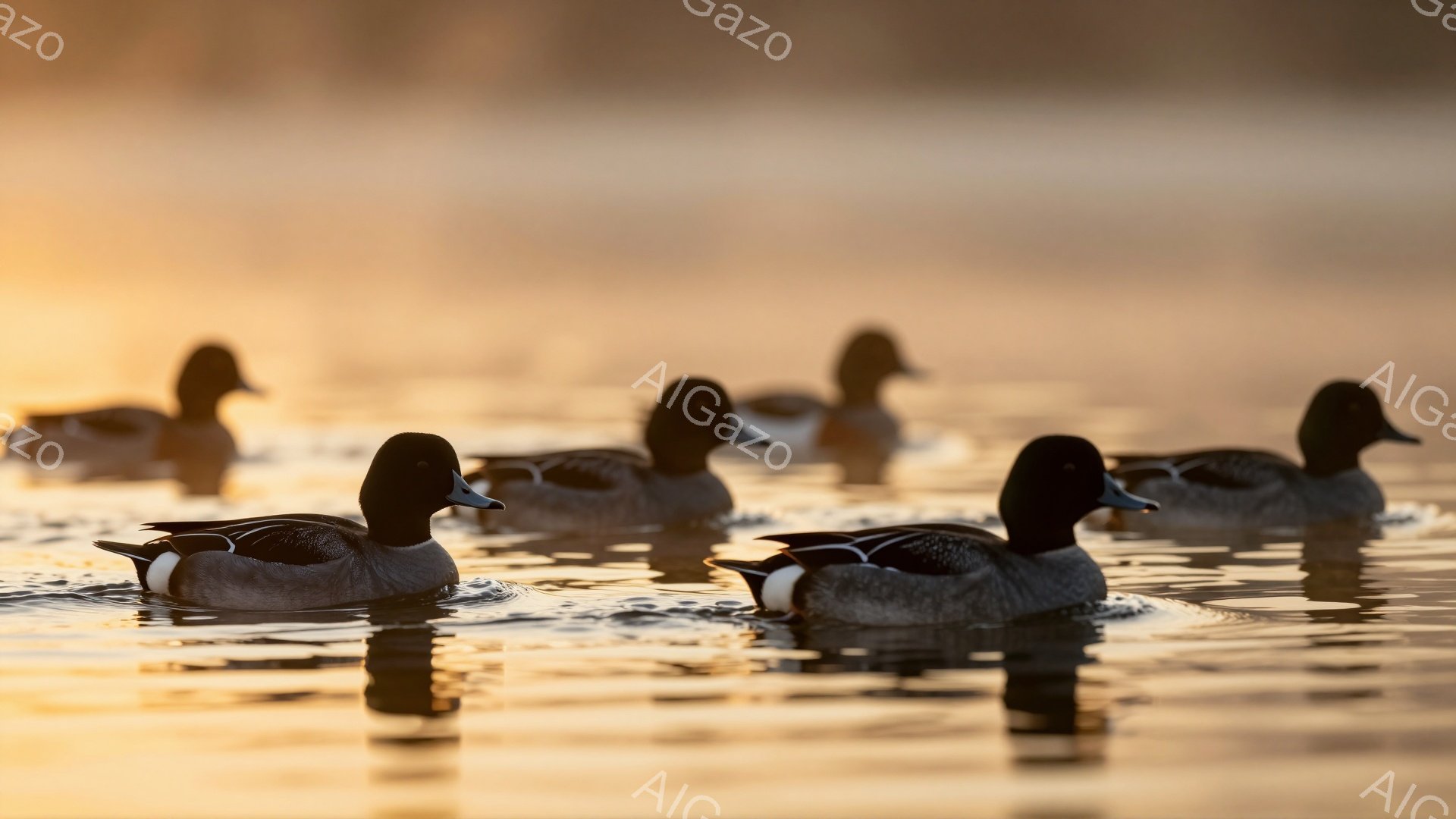 夕暮れ時の穏やかな水面を、マガモたちが列をなして泳いでいる。水面には鴨たちの姿が美しく映り込み、周囲の光が黄金色に輝いている。静かで平和な雰囲気が漂う、心安らぐ光景だ。 - AI生成フリー素材