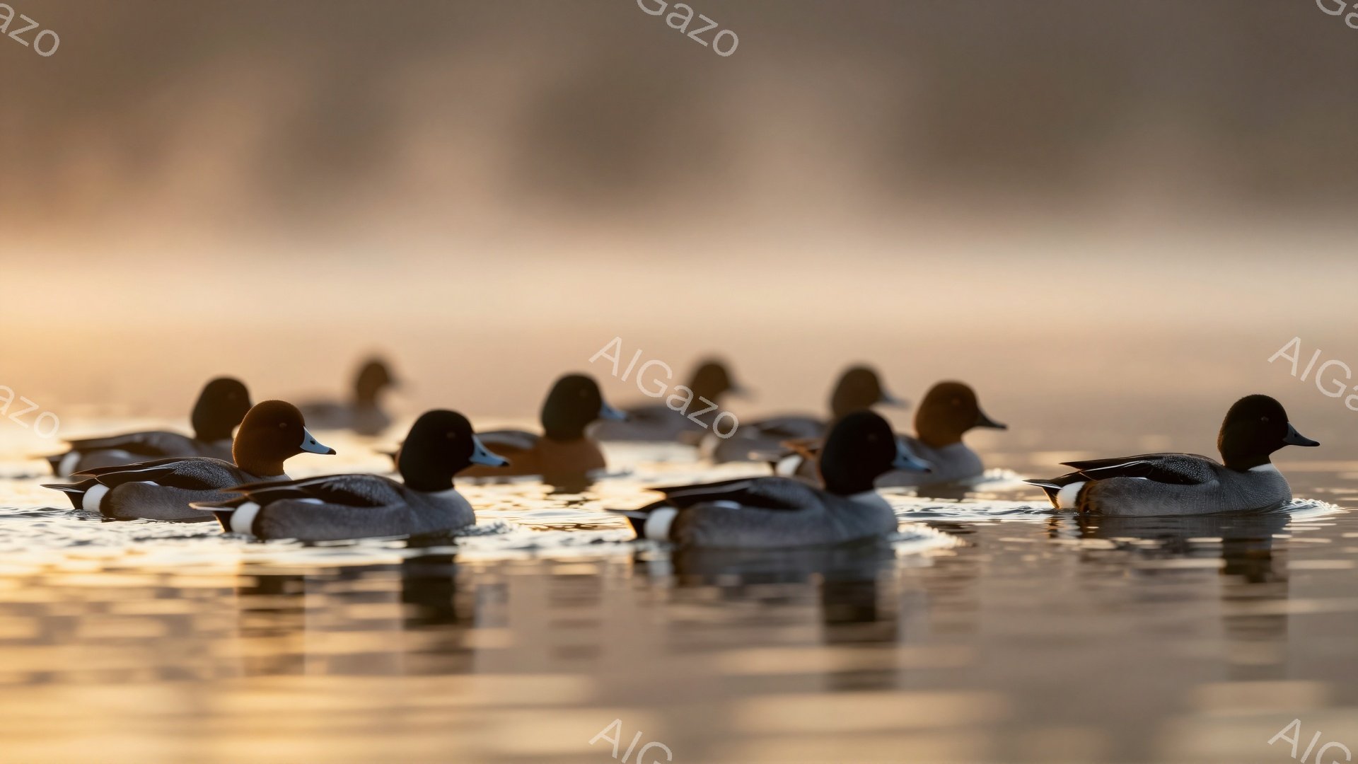 穏やかな水面にカモたちが一列に並んでいます。朝霧が立ち込め、水面とカモたちが黄金色に染まっており、静かで幻想的な雰囲気を醸し出しています。水面の反射が美しく、まるで絵画のような光景です。