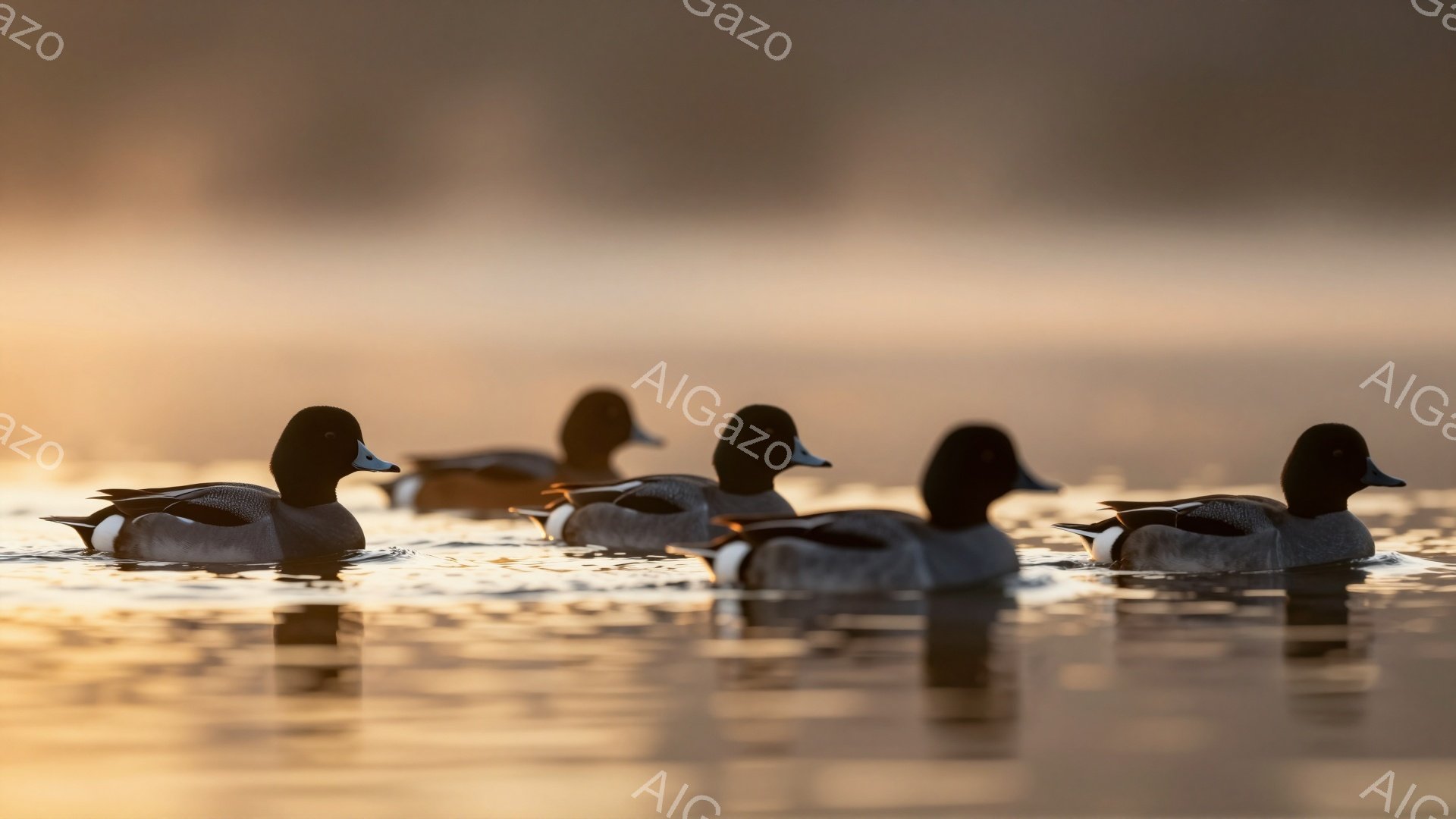 静かな水面にカモが並んで泳いでいる。夕焼けの光が水面とカモの羽を照らし、温かみのある黄金色に輝いている。穏やかな雰囲気で、自然の美しさが際立っている。