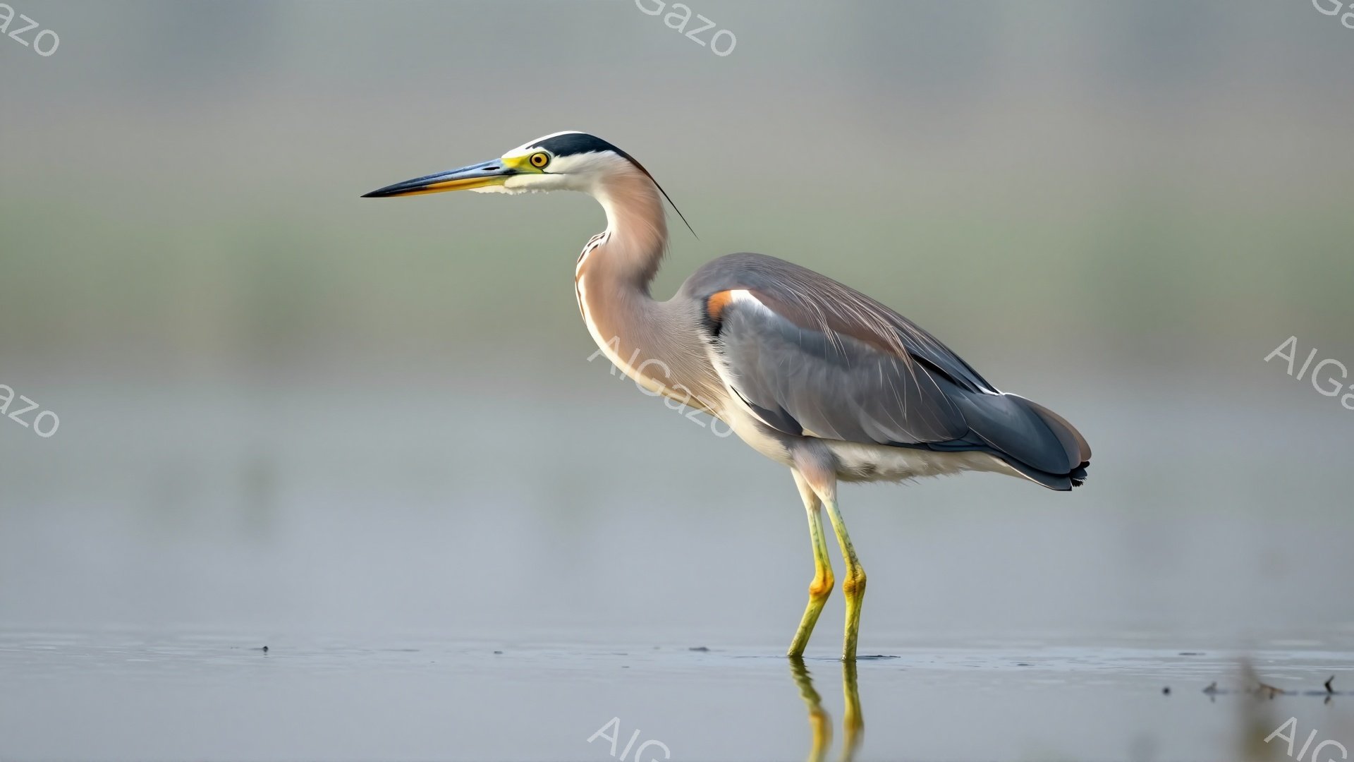 アマサギが浅い水面に立っている。長い黄色い嘴と細い脚が特徴的で、背景は穏やかな水面と薄い空が広がっている。静かで平和な雰囲気が感じられる。