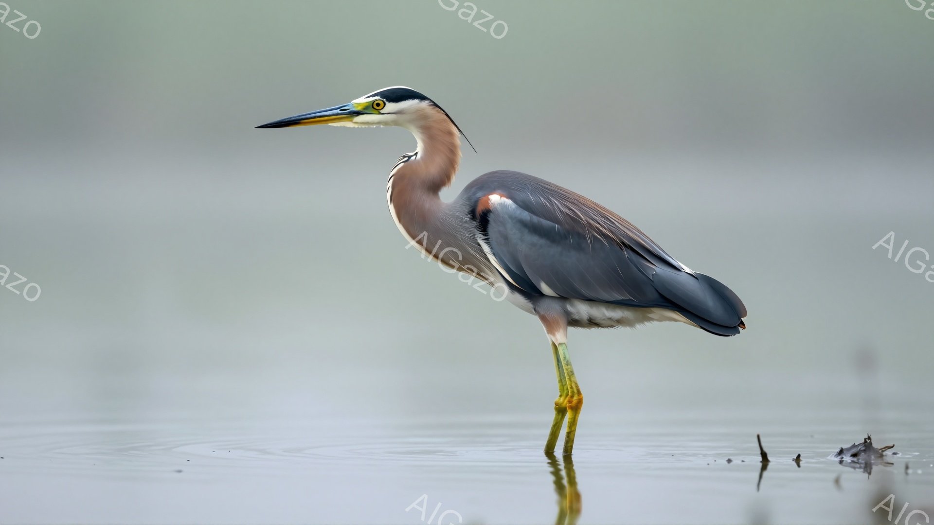 アマサギが水の中に立ち、鋭い目で獲物を狙っている。羽は青みがかったグレーで、胸元は白く、足は黄色く、水面に映る姿は優雅だ。背景は霞んでおり、静かで穏やかな雰囲気を醸し出している。