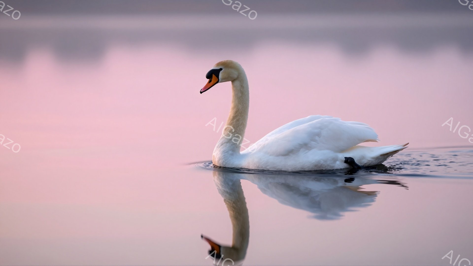 白い白鳥が穏やかな水面に浮かんでいる。水面に映る鳥の姿が左右対称に美しく、夕焼けのようなピンク色の背景が幻想的な雰囲気を醸し出している。静かで平和な情景が感じられる。