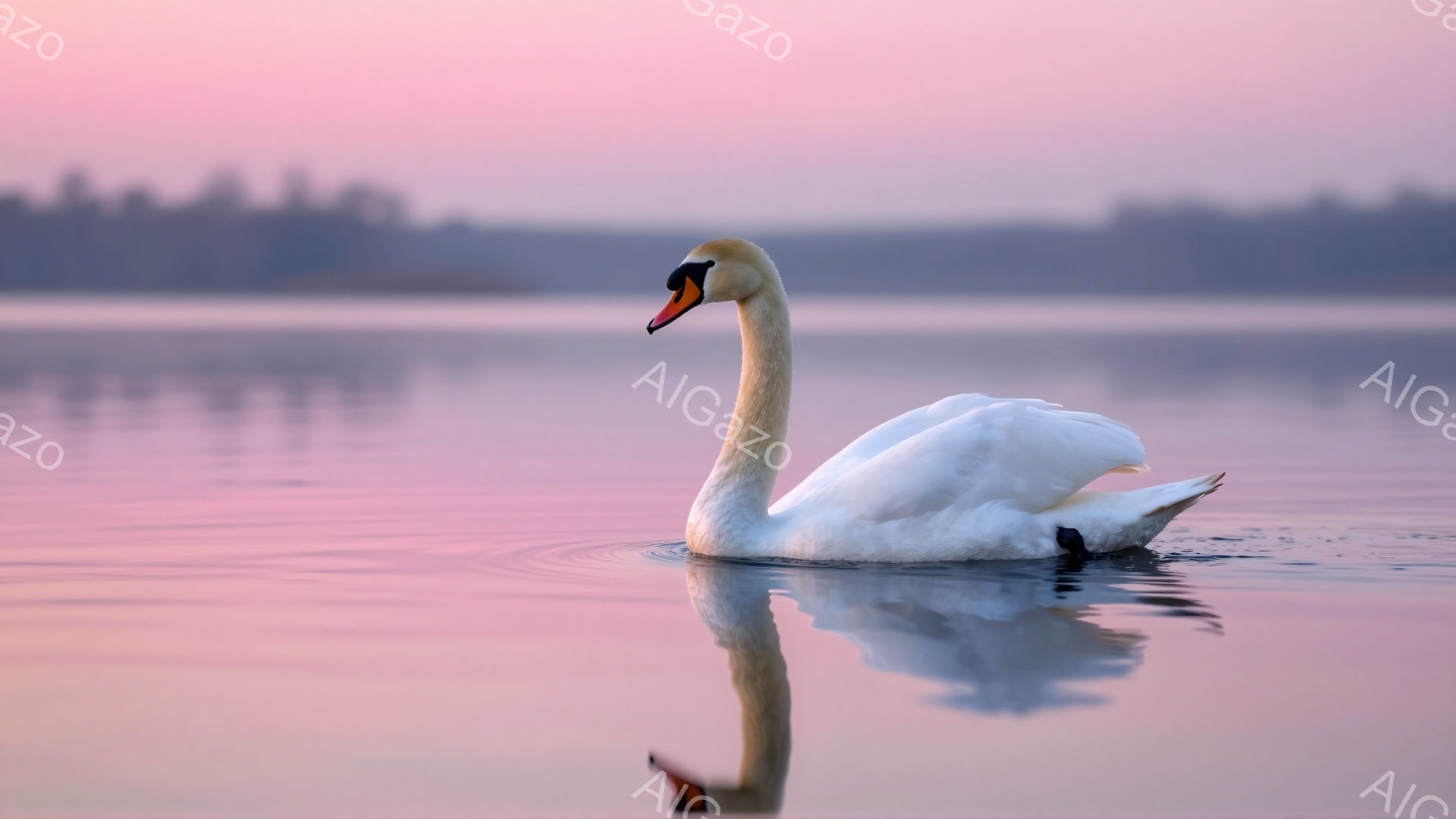 白い白鳥が穏やかな水面を優雅に泳いでいる。背景はピンクと紫色の美しい夕焼けで、水面にもその色が反射している。静かで穏やかな雰囲気が伝わってくる。