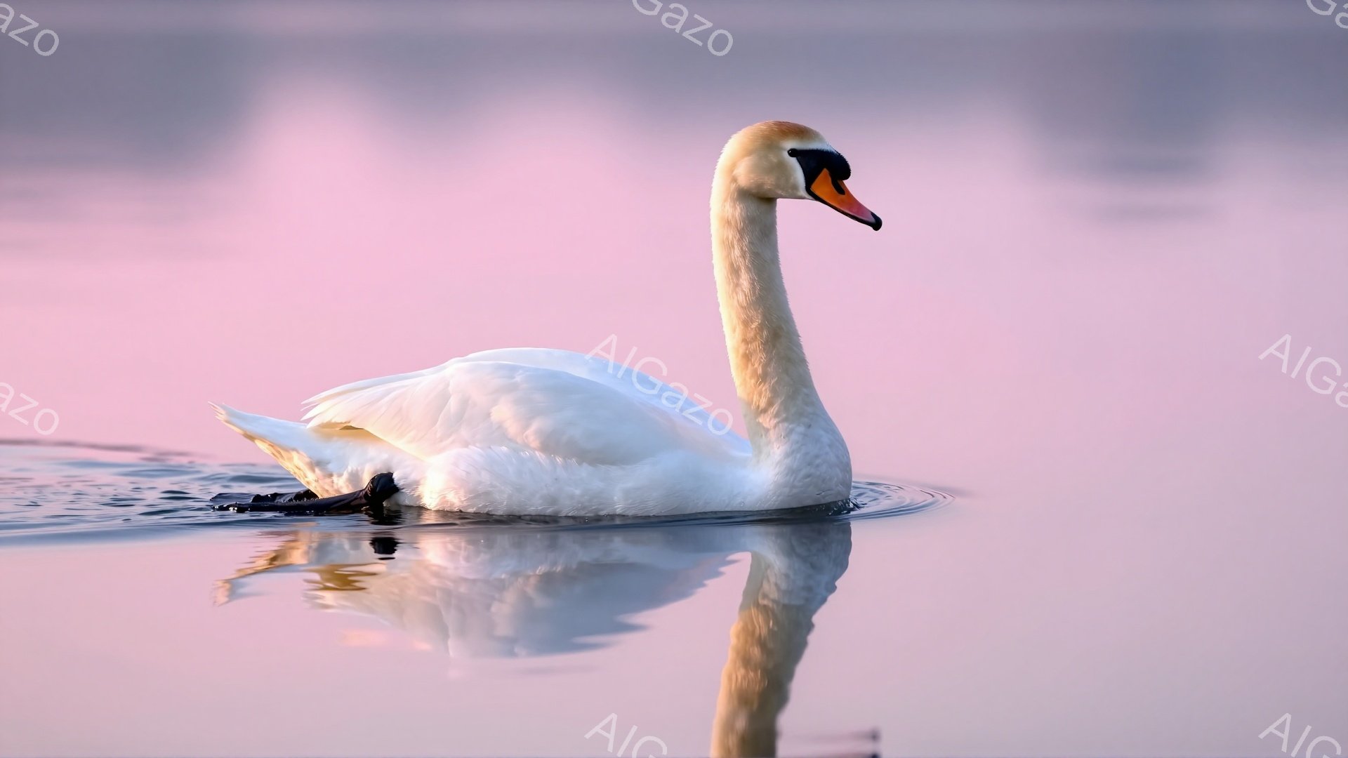 白い羽を持つ白鳥が、穏やかな水面を優雅に泳いでいる。水面は夕焼けの影響を受けてピンク色に染まり、白鳥の姿を美しく映し出している。水面の反射が、幻想的な雰囲気を醸し出している。