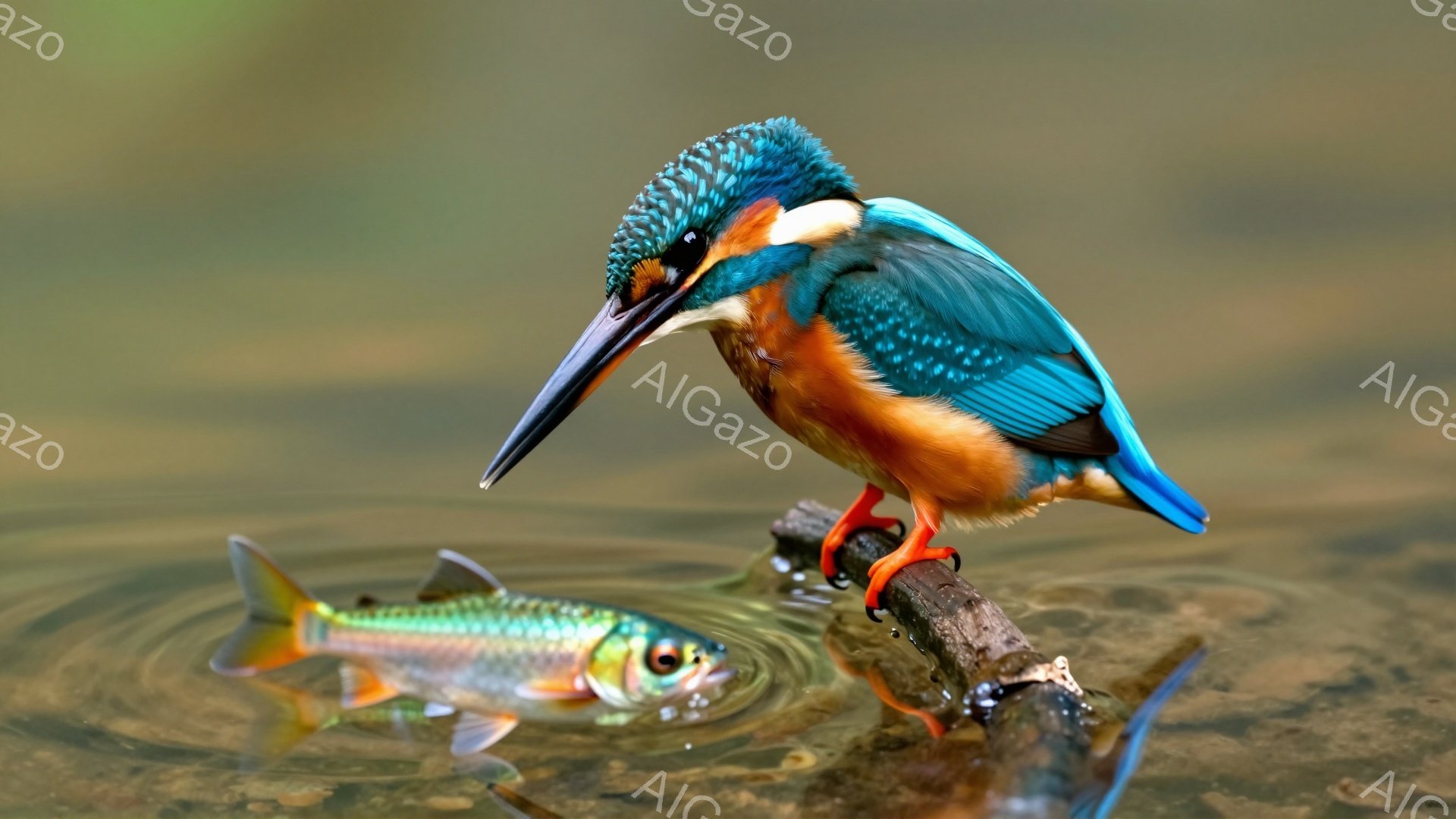 カワセミが枝にとまっており、水中の魚を狙っている。鮮やかな青い羽とオレンジ色の腹が印象的で、魚は水面に反射して虹色に輝いている。水面には波紋が広がり、静かで自然な雰囲気が漂っている。