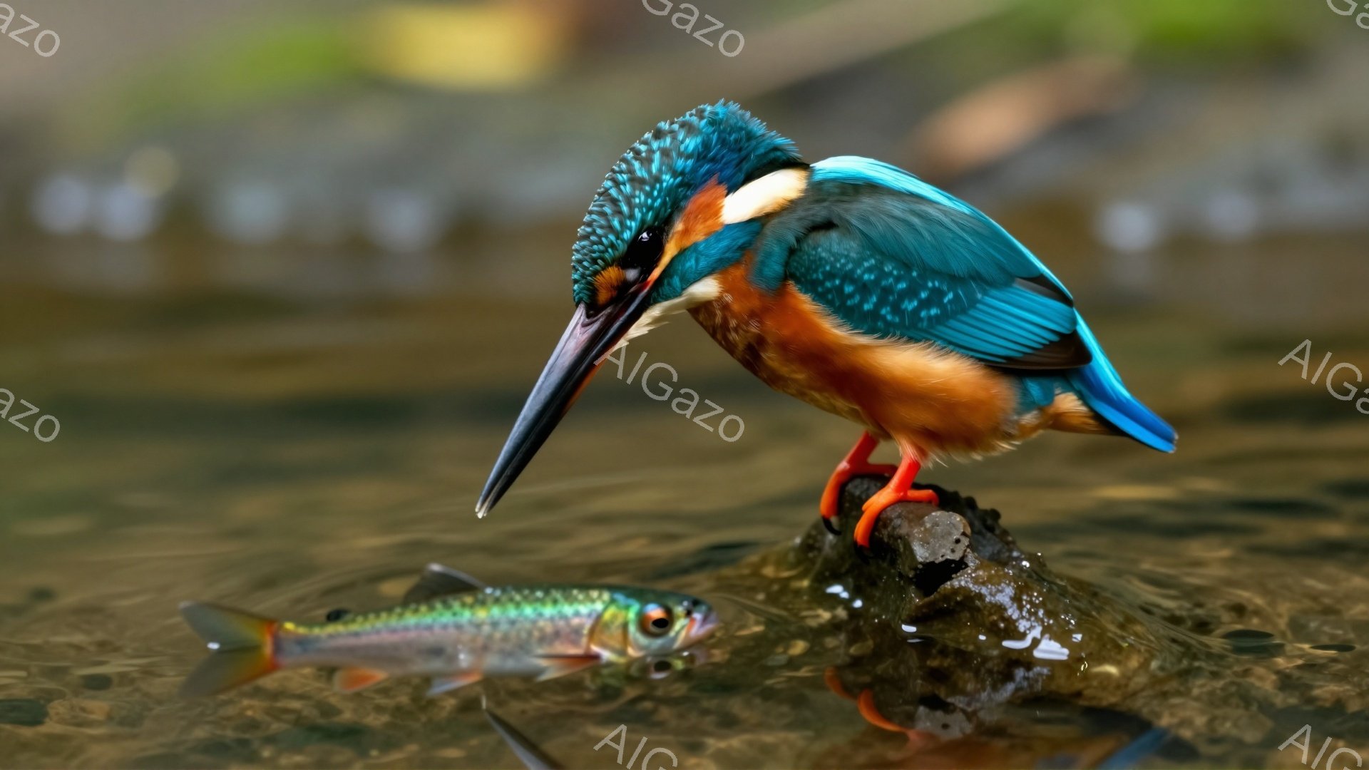 鮮やかなブルーとオレンジの鳥が、水面に浮かぶ魚を狙っている。鳥は枝に止まり、獲物を捕らえるために身を乗り出している。水面は穏やかで、緑の背景が鳥の美しい色彩を際立たせている。 - AI生成フリー素材