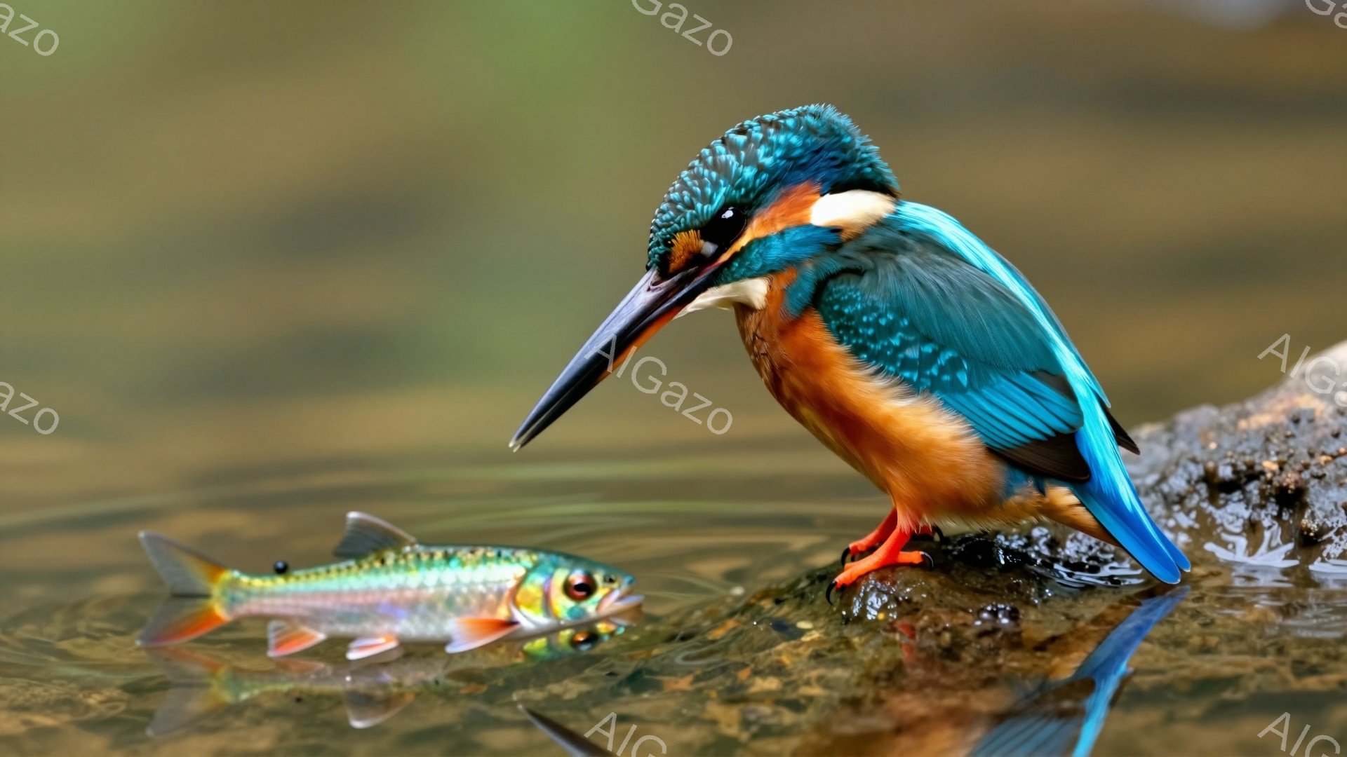 鮮やかな青い羽を持つカワセミが、捕らえた魚を嘴でしっかりと挟んでいます。水面には魚の姿が映り込み、水辺の岩場が背景に見えます。色彩豊かなカワセミと魚、そして水面の反射が印象的な一枚です。