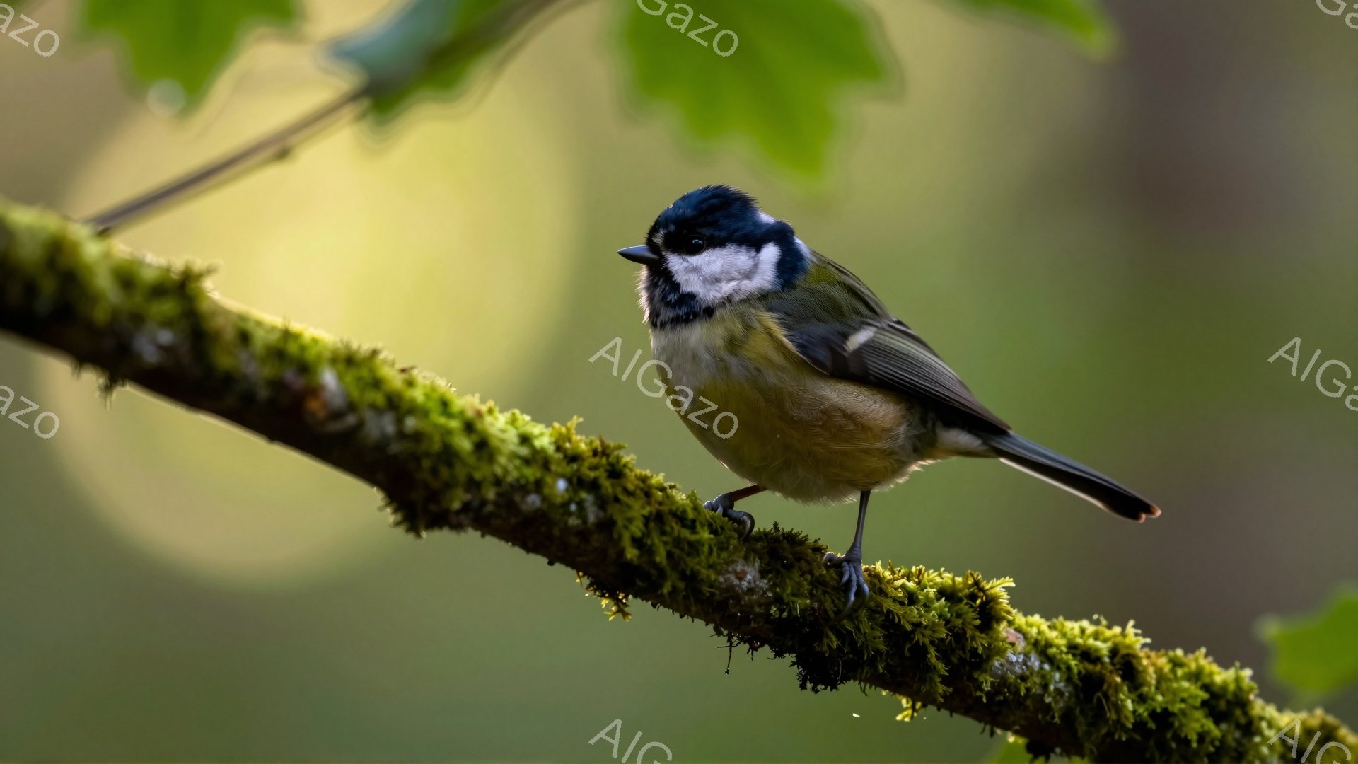 小さな鳥が苔むした枝にとまっており、その姿は愛らしい。緑の背景が鳥の鮮やかな色を引き立て、穏やかな春の日の雰囲気を醸し出している。鳥は少し上向きに顔を上げ、周囲を警戒しているように見える。