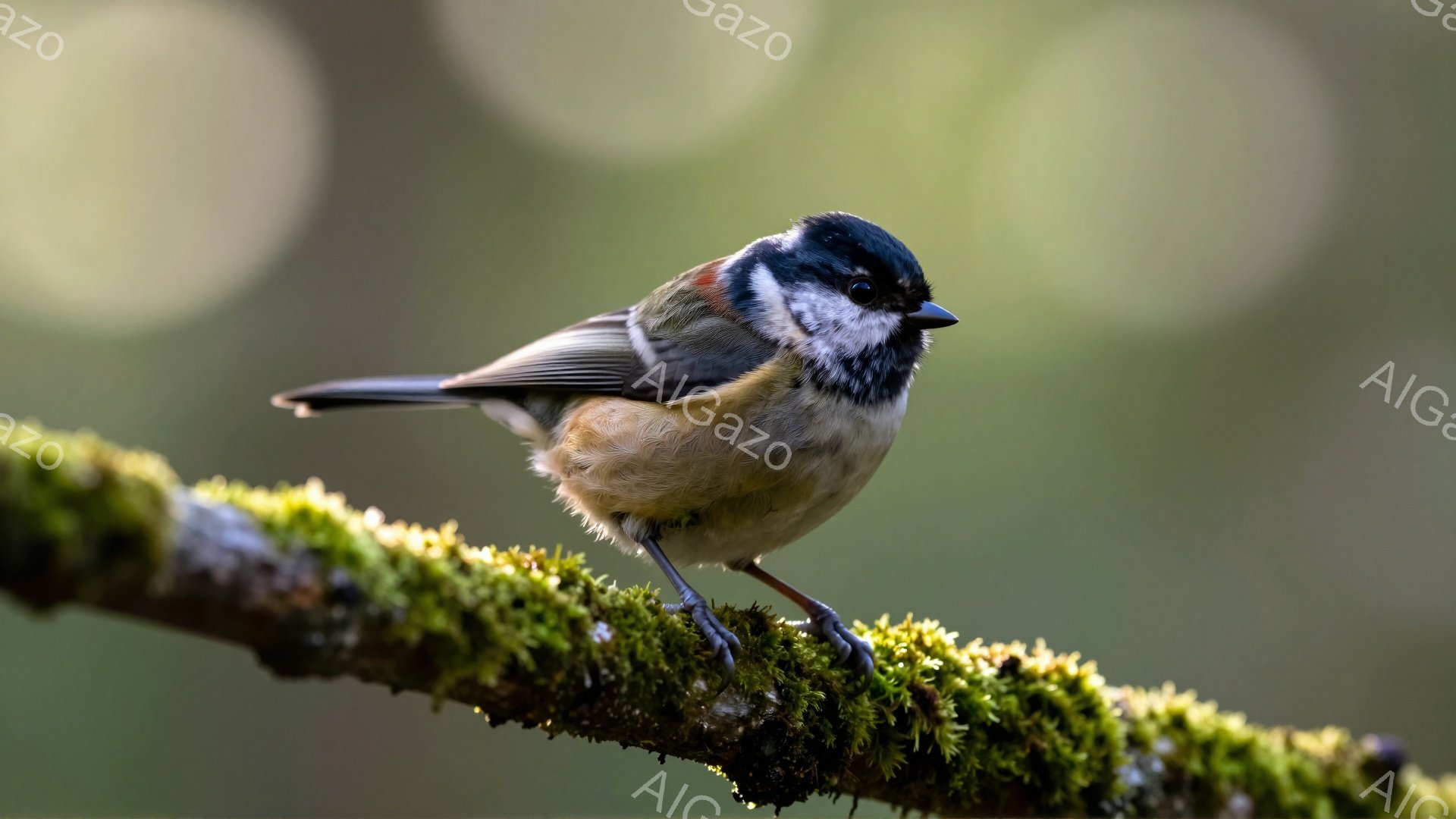 これはヨーロッパヒヨドリの美しい写真です。緑色の苔むした枝にとまっており、明るい光が当たっています。背景はぼやけており、春の穏やかな雰囲気を感じさせます。