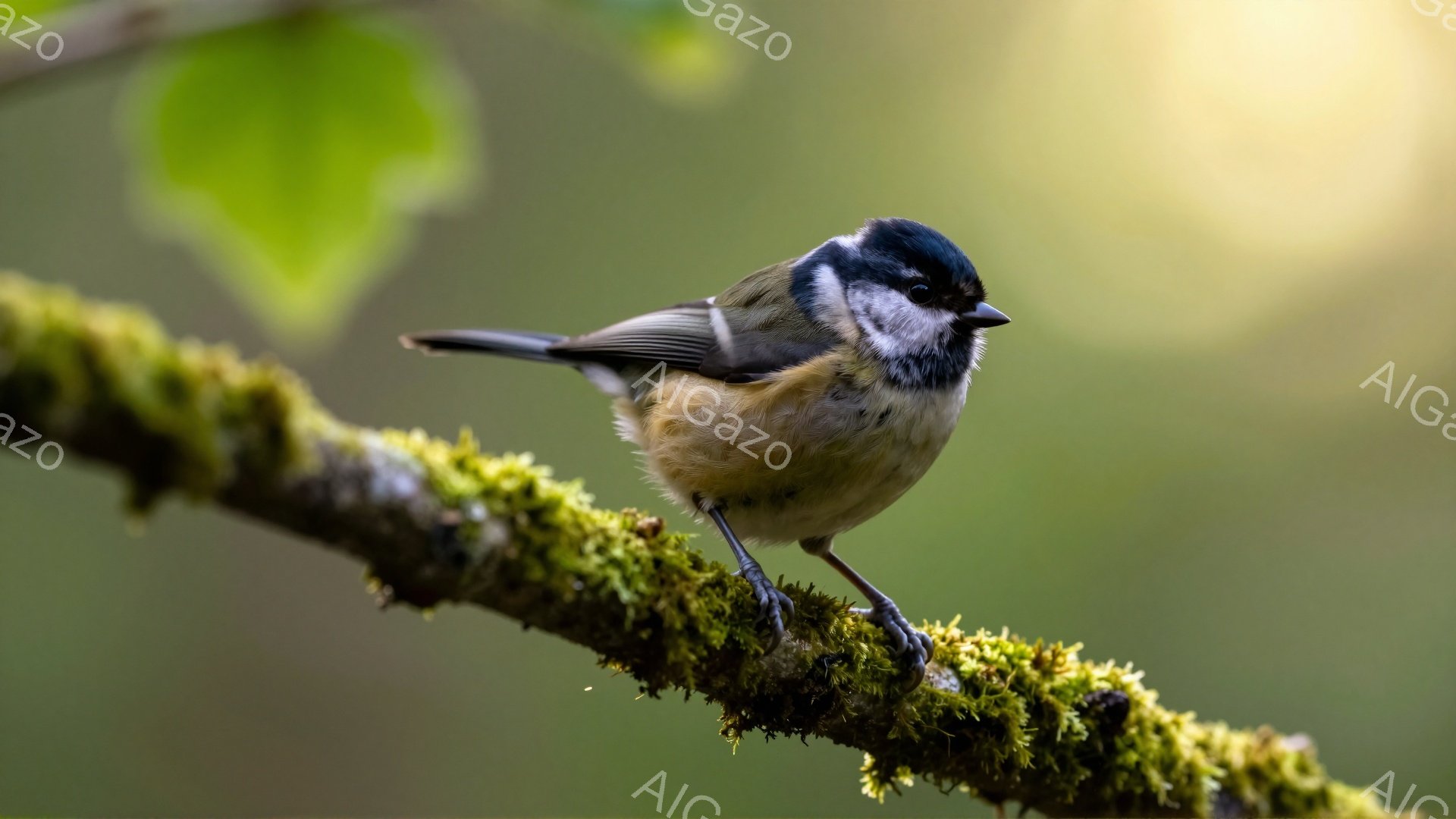 シジュウカラが緑色のコケに覆われた枝にとまっている。その姿は丸みを帯びており、羽の色は灰色と黄色の美しいコントラストを描いている。背景はぼやけた緑色で、柔らかい光が鳥を照らし、穏やかな雰囲気を醸し出している。