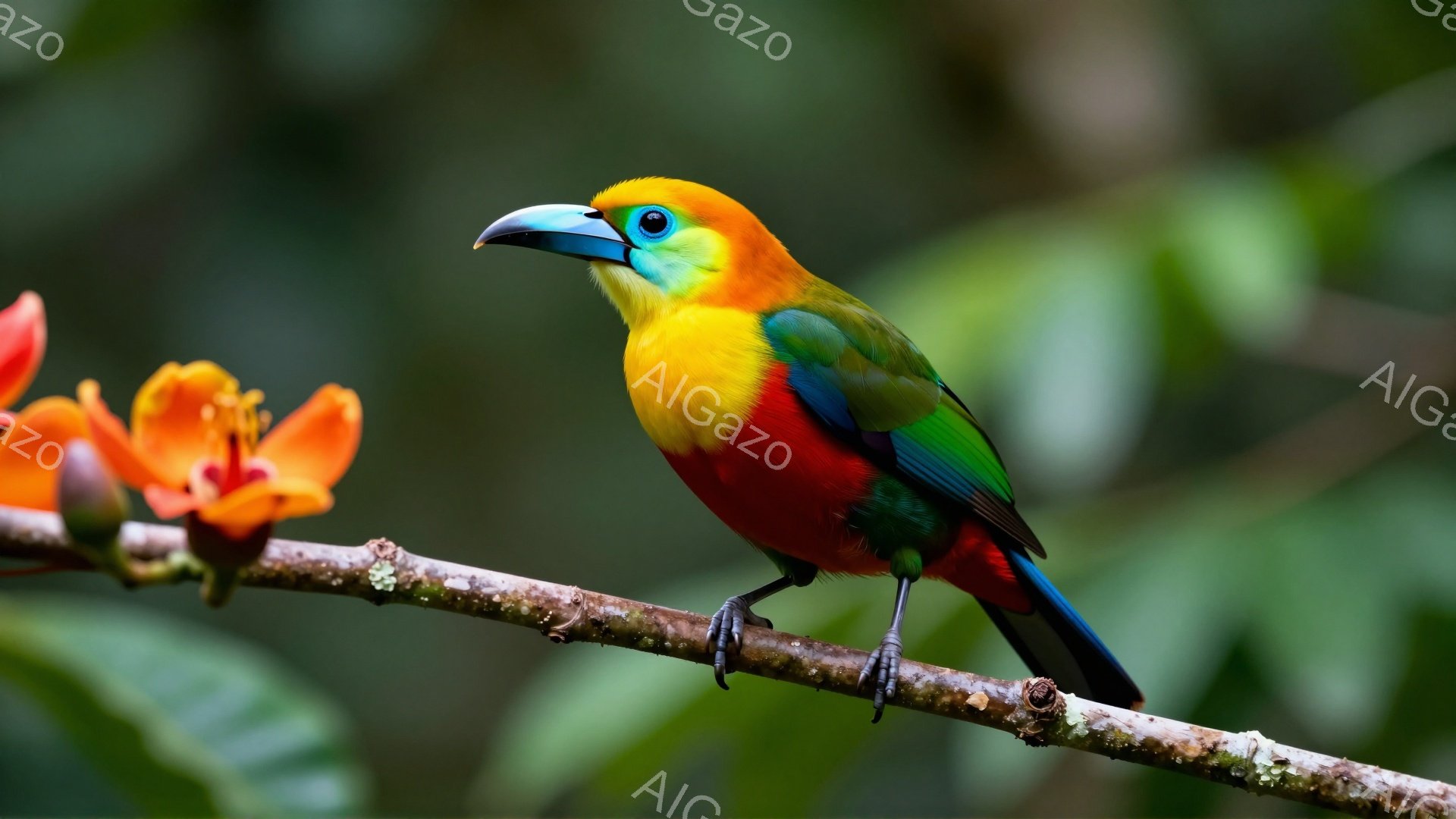 明るい色彩の鳥が枝に止まっている。鮮やかな赤、緑、黄色の羽を持ち、鋭い青い嘴が特徴的だ。背景にはオレンジ色の花がぼやけており、自然の温かさと生命力を感じさせる。