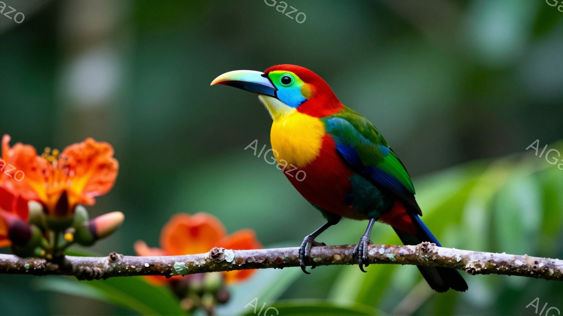 色鮮やかな鳥が枝に止まっています。赤い頭と胸、黄色い腹部、そして緑色の背中が印象的です。背景にはぼやけたオレンジ色の花と緑の葉があり、自然豊かな雰囲気が漂っています。