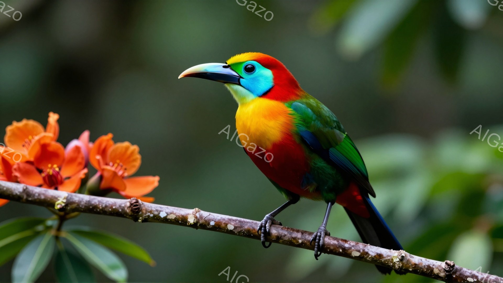 カラフルなタンチョウのような鳥が枝にとまっており、鮮やかな赤い羽、緑色の背中、そして特徴的な黄色と黒のくちばしが目を引きます。背景にはオレンジ色の花がぼやけており、鳥の鮮やかな色合いを引き立てています。自然光が優しく差し込み、穏やかで平和な雰囲気を醸し出しています。