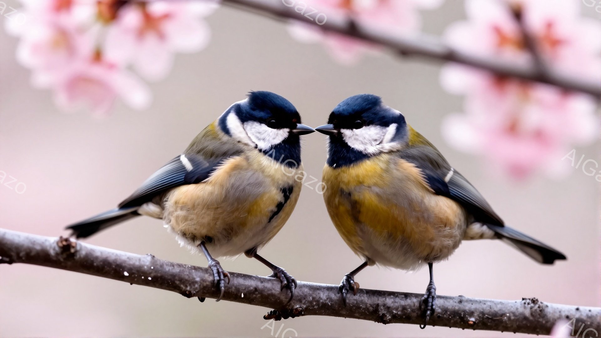二羽のヤマガラが枝にとまって互いに向き合っている。背景は薄ピンク色の桜の花びらがぼやけており、春の穏やかな雰囲気を醸し出している。鳥たちの鮮やかな羽の色が、柔らかな光の中で際立っている。