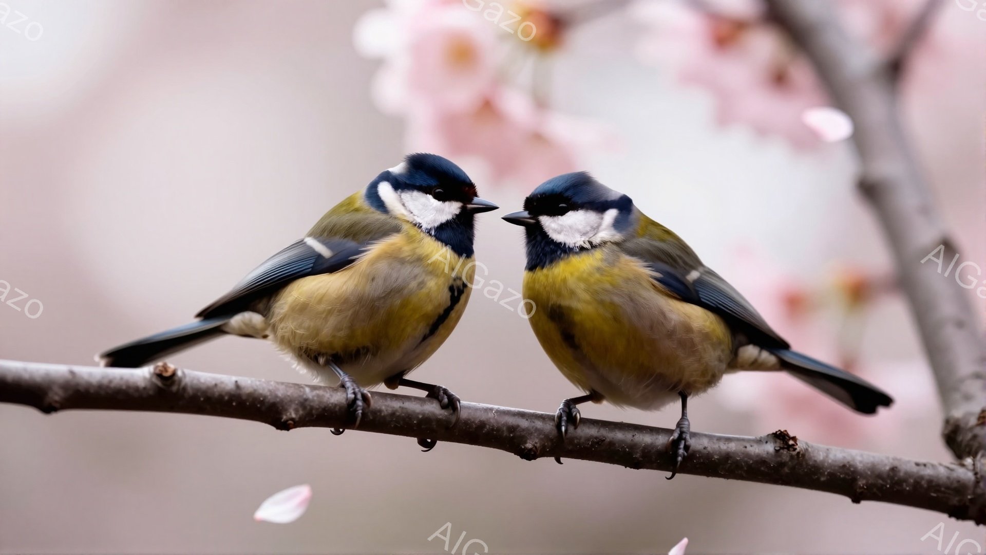 春の桜並木に佇む二羽のヤマガラが、寄り添うように枝に止まっています。鮮やかな青、黄、白の羽毛が美しいコントラストを生み出し、春の暖かさを感じさせます。背景にはぼんやりとした桜の花びらが舞い、穏やかで優しい雰囲気を醸し出しています。