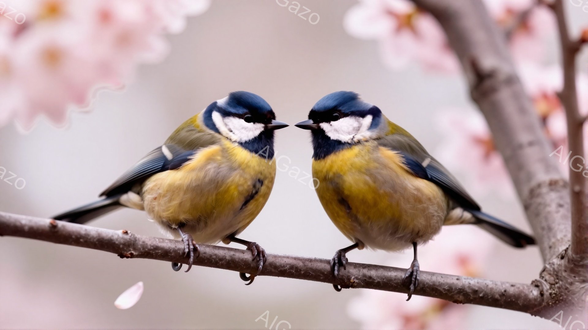 二羽のヨーロッパヒヨドリが枝にとまって互いを見つめ合っています。背景には桜の花びらが舞い、春の穏やかな雰囲気が漂っています。鳥たちは鮮やかな青、黄色、白の羽を持っており、可愛らしい姿を見せています。