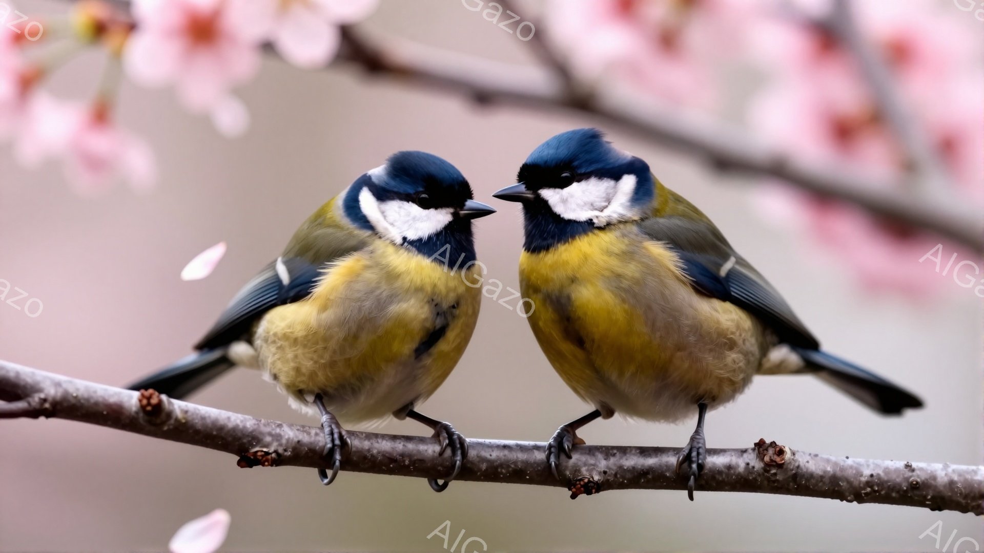青い胸と黄色い腹を持つ可愛らしい鳥が、枝に並んで座っている。背景には淡いピンク色の桜の花びらがぼんやりと見え、春の穏やかな雰囲気を醸し出している。二羽の鳥は互いに向き合い、静かに何かを語りかけているように見える。