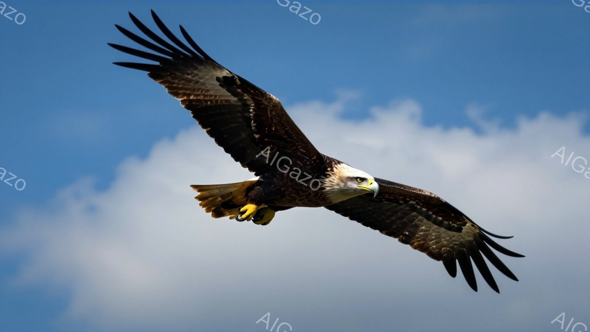 広大な青空を背景に、白頭ハゲワシが力強く翼を広げて飛んでいる。鋭い眼差しと力強い爪が特徴的で、優雅かつ堂々とした姿が印象的だ。雲が浮かび、風の流れを感じさせるダイナミックな瞬間を捉えている。