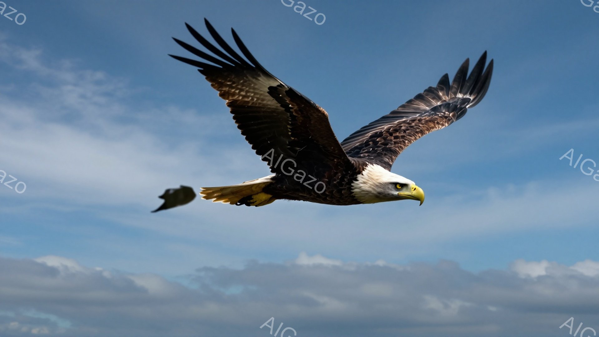 広大な青空を背景に、翼を広げたハクトウワシが力強く飛んでいる。その鋭い眼光とたくましい翼は、野生の力強さを象徴している。雲が背景に広がり、自然の壮大さを強調している。
