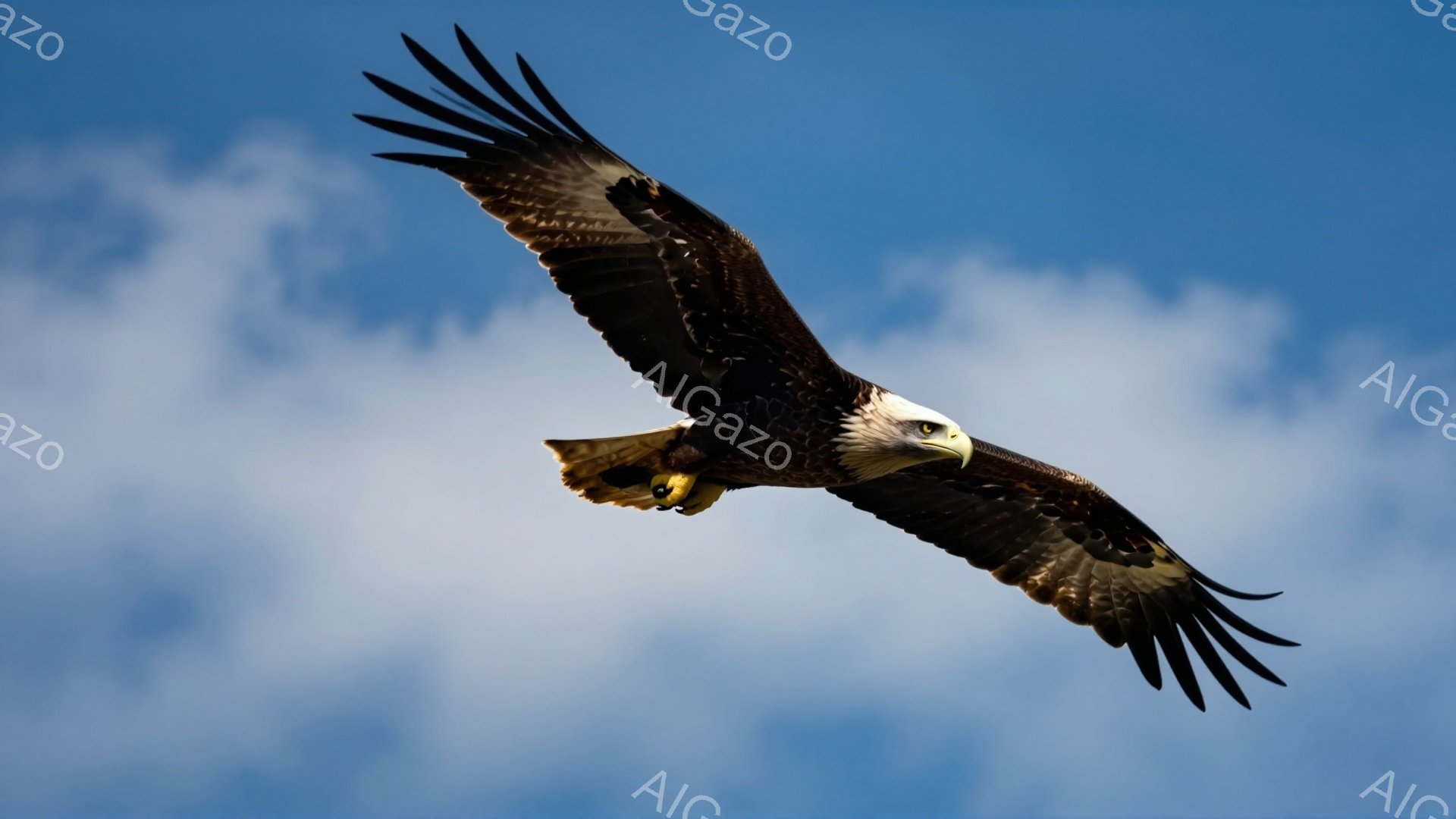 青い空を背景に、翼を広げたアメリカワシが力強く飛んでいる。その翼は大きく、羽毛の質感も鮮明に捉えられている。太陽光がワシの体に当たり、鮮やかなコントラストを生み出している。