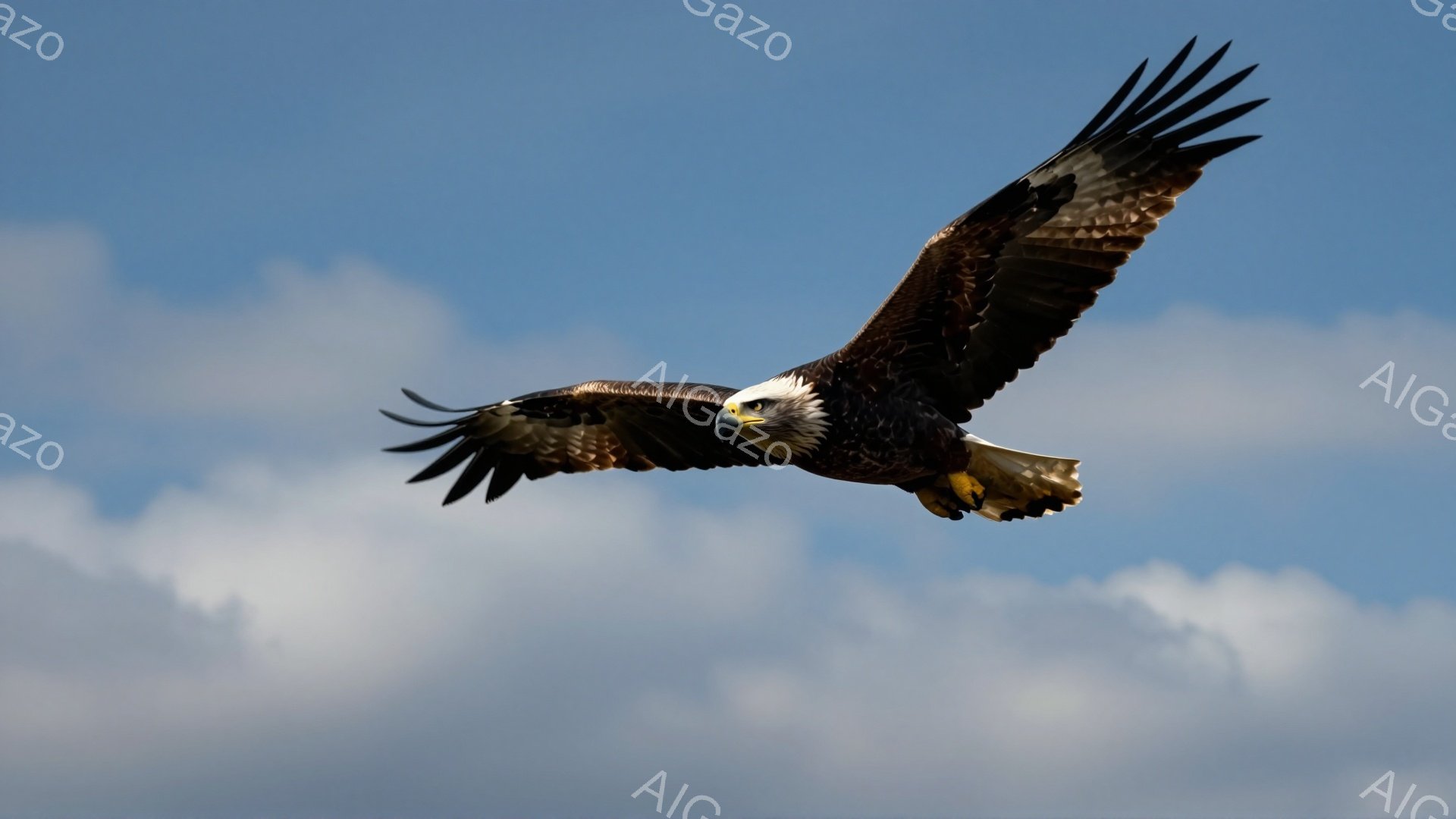 広大な空を背景に、翼を広げたハクトウワシが力強く飛んでいる。鋭い眼光と堂々とした姿は、自由と力強さを象徴している。白い頭と茶色の体が鮮やかに映え、背景の青空とのコントラストが美しい。