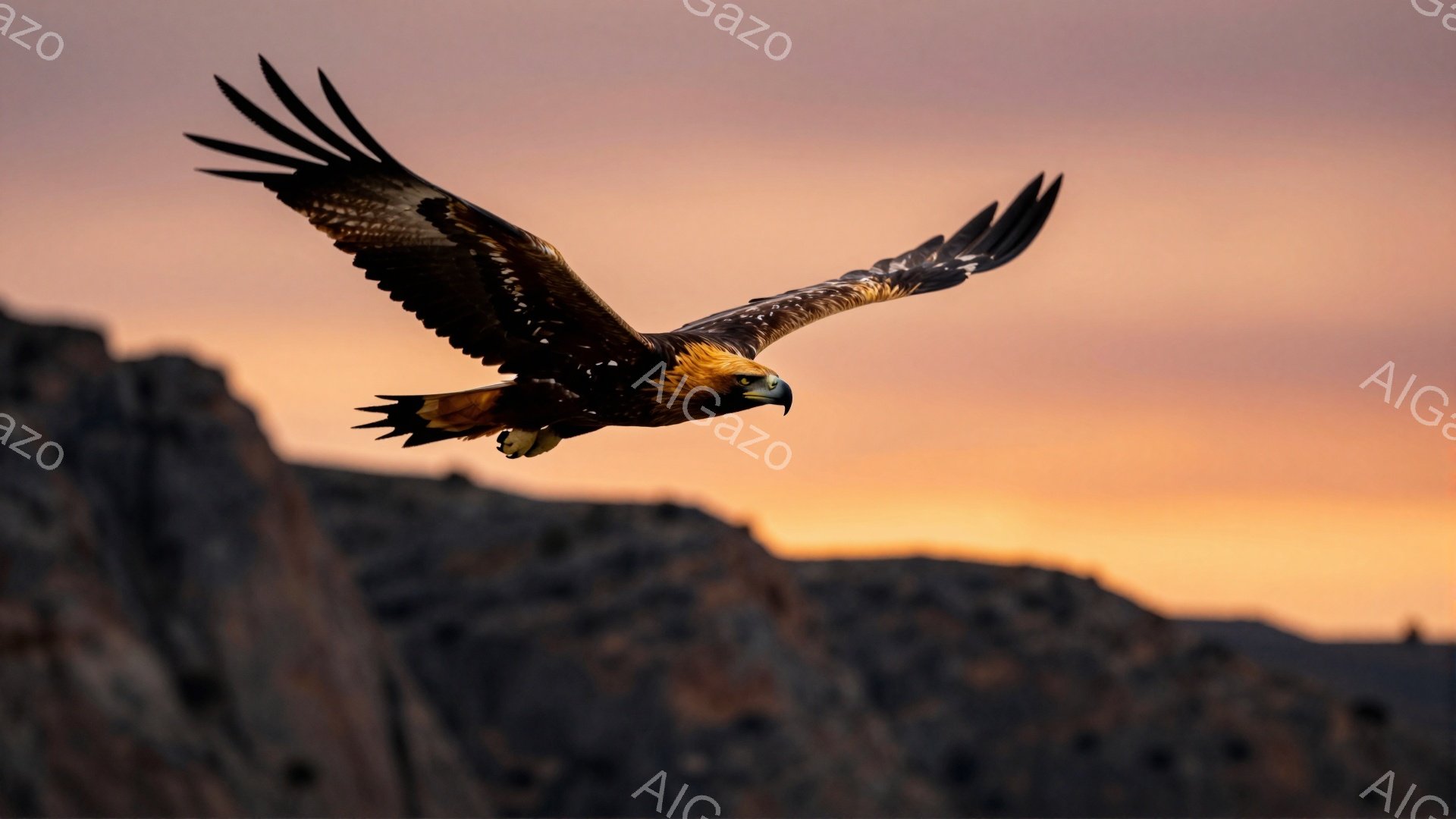 燃えるような夕焼けを背景に、翼を広げた猛禽類が力強く飛行している。茶色の岩山がシルエットで映り、夕焼け空とのコントラストが美しい。大自然の力強さと静寂が感じられる光景だ。