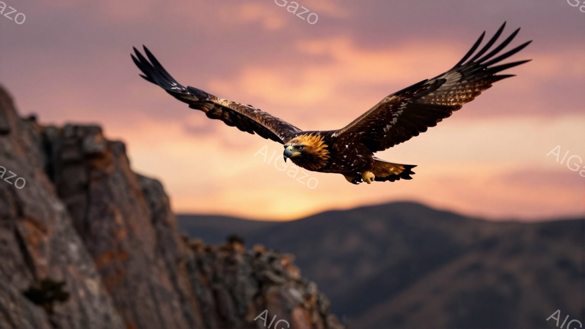 鋭い眼光で獲物を捉えようとする、力強い鷲が描かれている。背景には夕焼けの空と山々が広がり、ダイナミックな飛行の瞬間を捉えた壮大な光景だ。 岩肌の質感と空のグラデーションが、自然の雄大さを際立たせている。