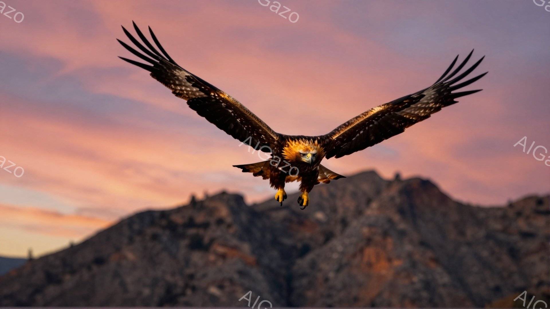 鮮やかな夕焼けを背景に、翼を大きく広げたワシが力強く飛び去る姿が捉えられています。ワシの鋭い眼差しと力強い爪が印象的で、背景の険しい山々と相まって、大自然の雄大さを感じさせます。夕焼けのオレンジと紫の色合いがワシのシルエットを際立たせ、ドラマチックな雰囲気を醸し出しています。