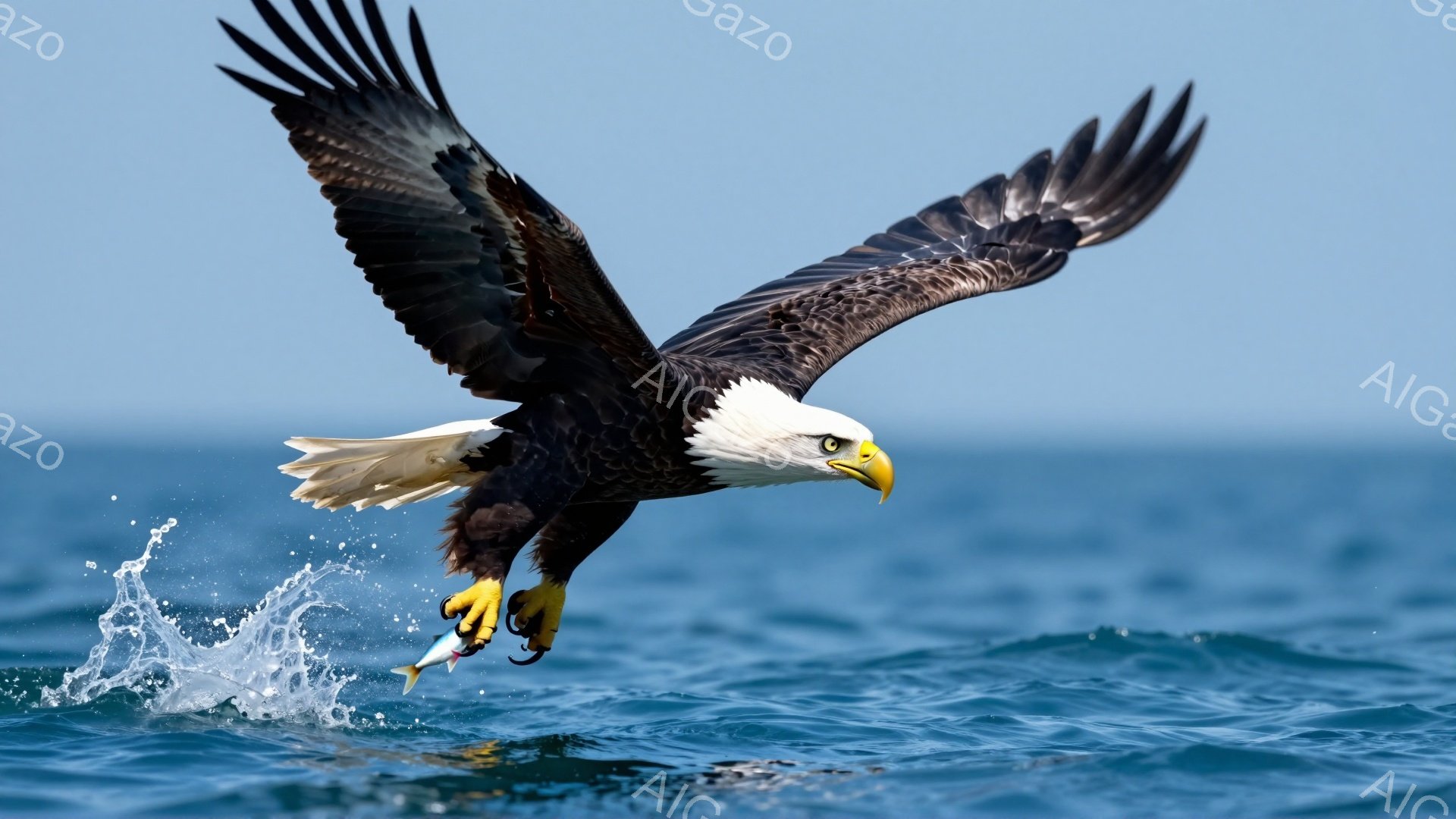 海面から飛び立つアメリカハゲワシが、獲物の魚を鋭い爪でしっかりと掴んでいます。翼を大きく広げ、力強く空を飛ぶ姿は、自然の力強さを感じさせます。背景の青い海と空が、その威厳を際立たせています。