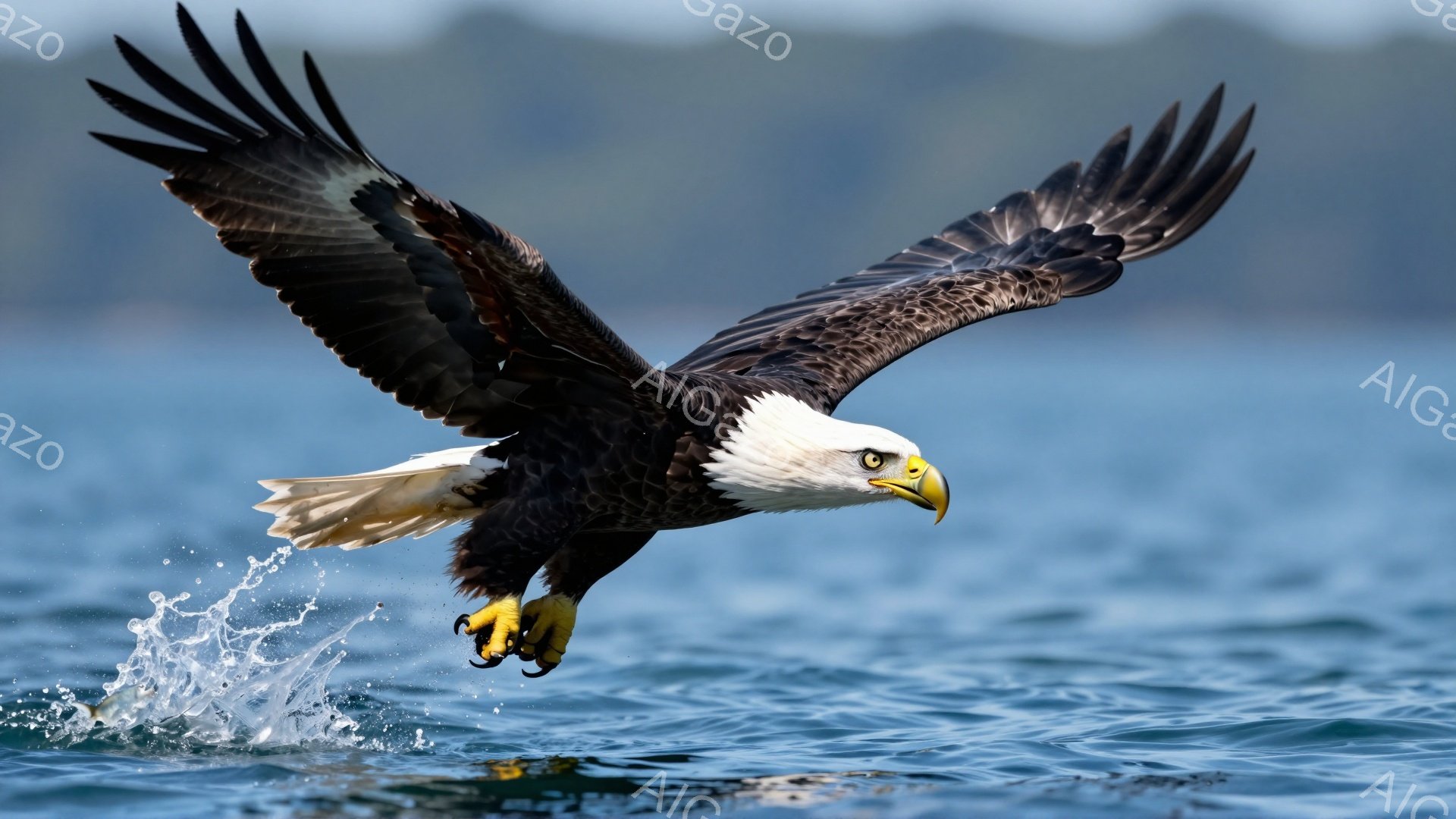 ハクトウワシが水面を飛び、獲物を掴もうとしている瞬間を捉えた写真です。翼を広げ、鋭い爪を水に向かって伸ばし、力強い躍動感があります。水しぶきが飛び散り、背景の青い海とのコントラストが美しいです。