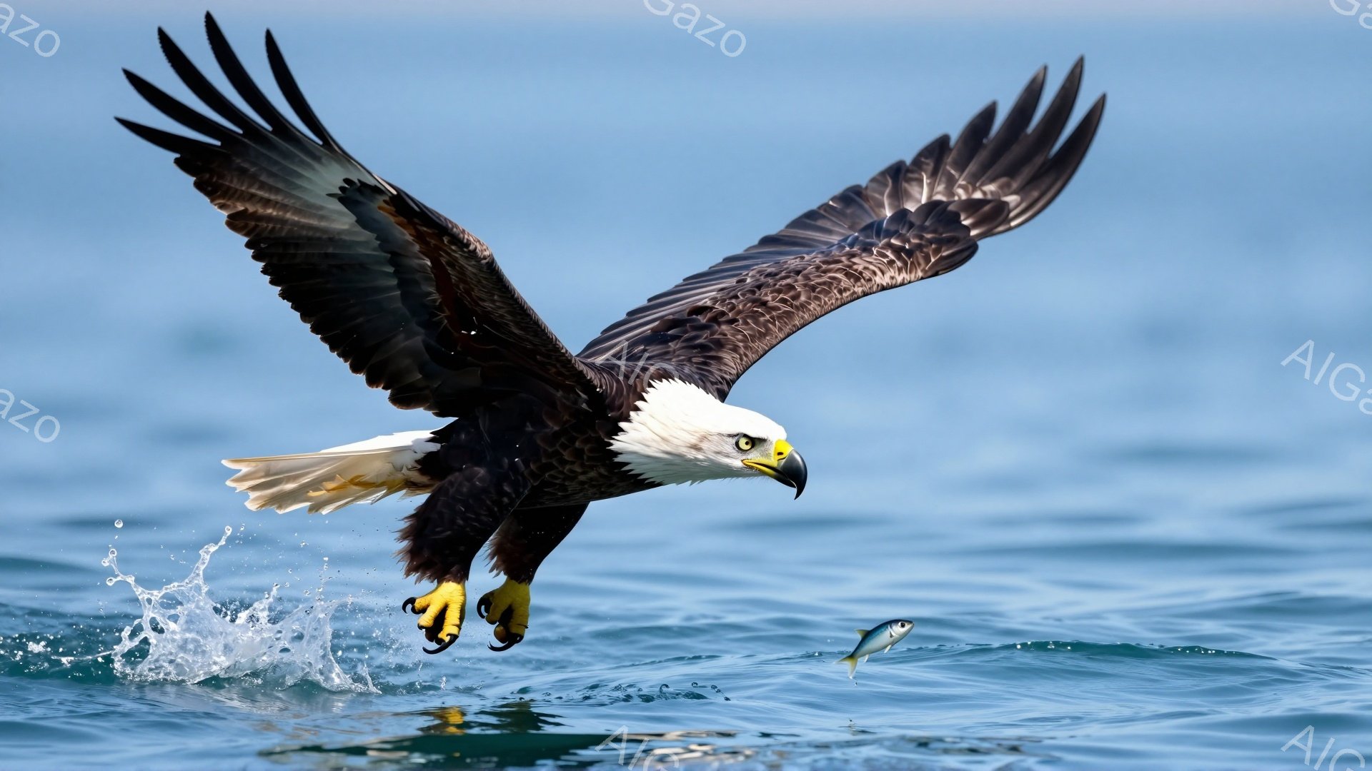 広大な海の上空を、翼を広げたアメリカワシが獲物を求めて急降下している。水面が波立ち、獲物の魚が掴まれようとしている瞬間を捉えている。力強い爪と鋭い眼光が印象的で、自然の迫力を感じさせる。 - AI生成フリー素材