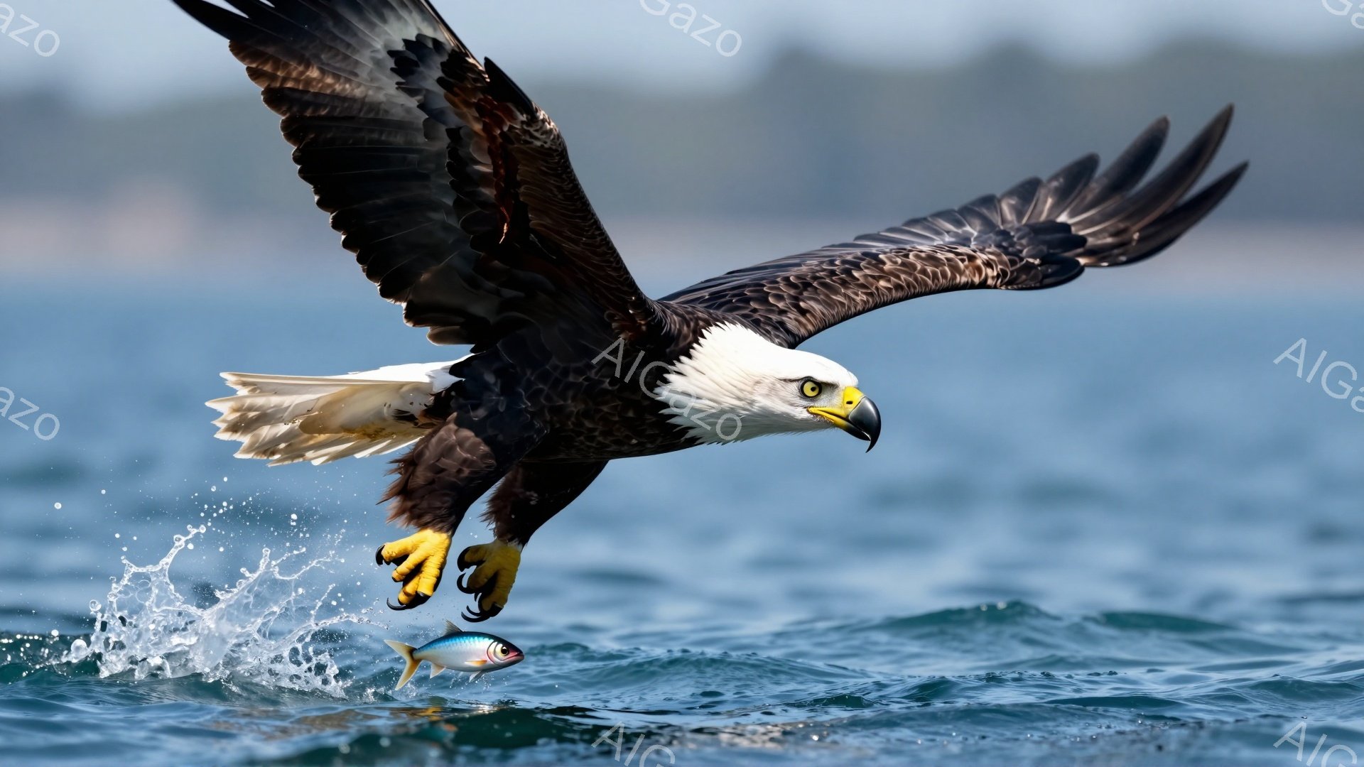 オスのハクトウワシが獲物を求めて水面を低く飛び、銀色の魚を鋭い爪で捕らえようとしている。波しぶきが舞い上がり、力強い翼がその瞬間を捉えている。背景には穏やかな海が広がり、力強く自然な光景が印象的だ。